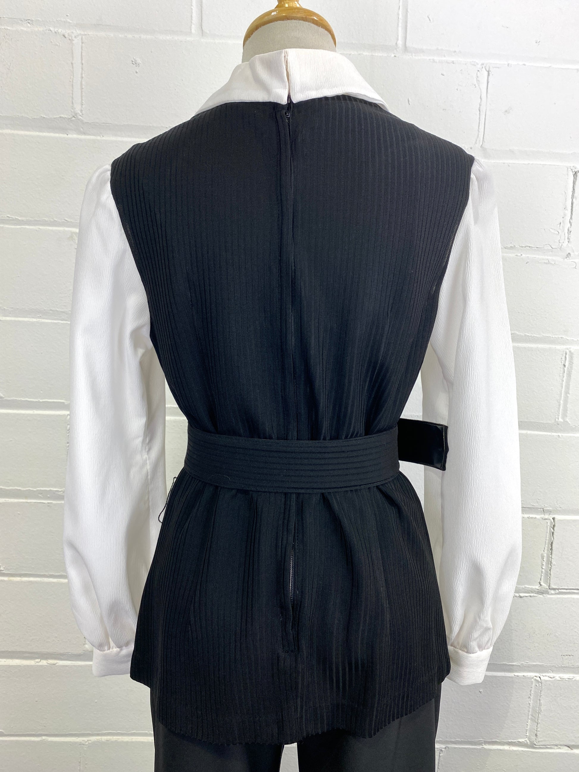 Vintage 1970s Black & White Faux Shirt & Vest Zip Top, Medium