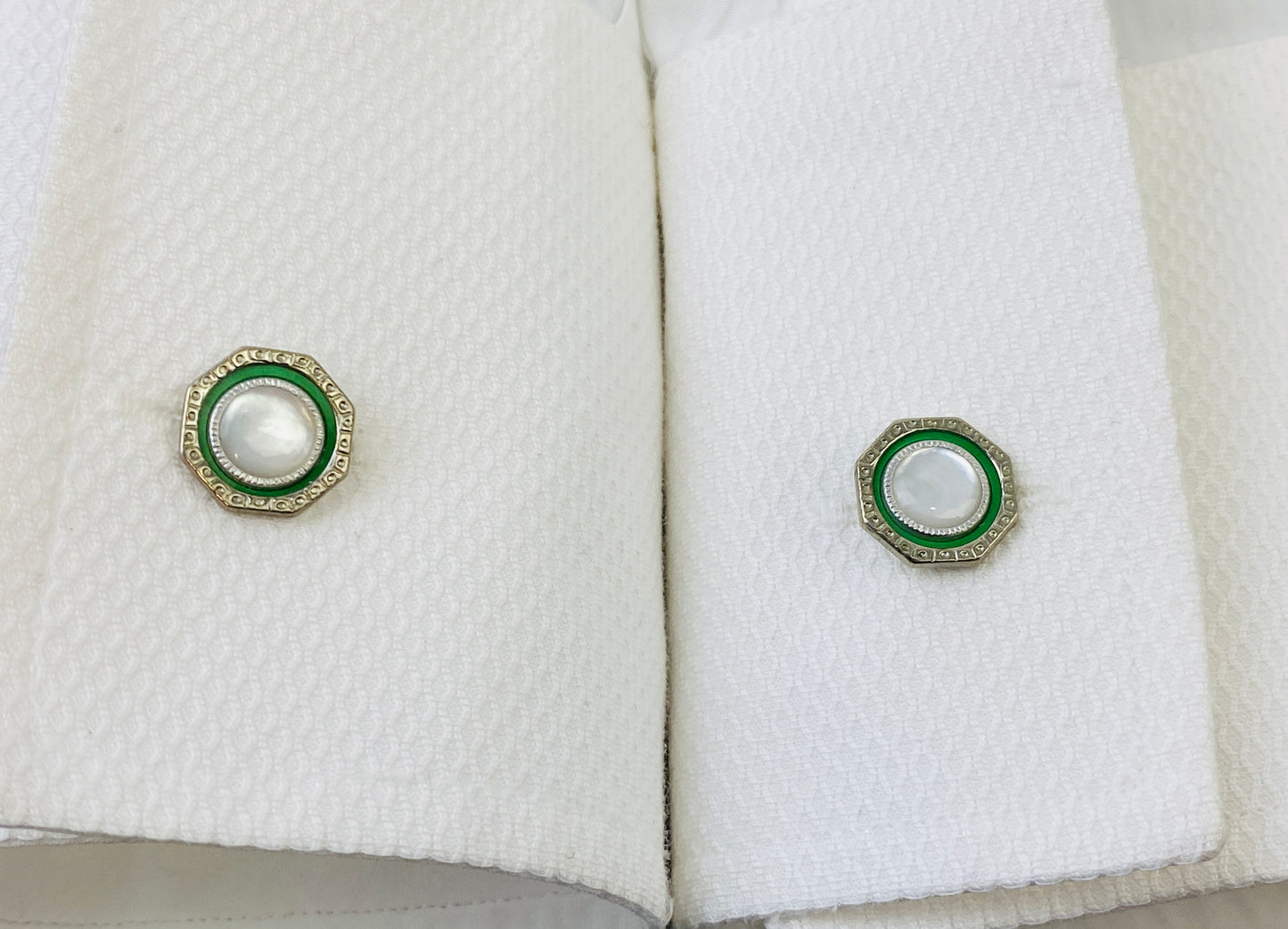 Vintage 1910s Men's Cufflinks, Hexagonal Silver & Green Bean-Back, Mother of Pearl