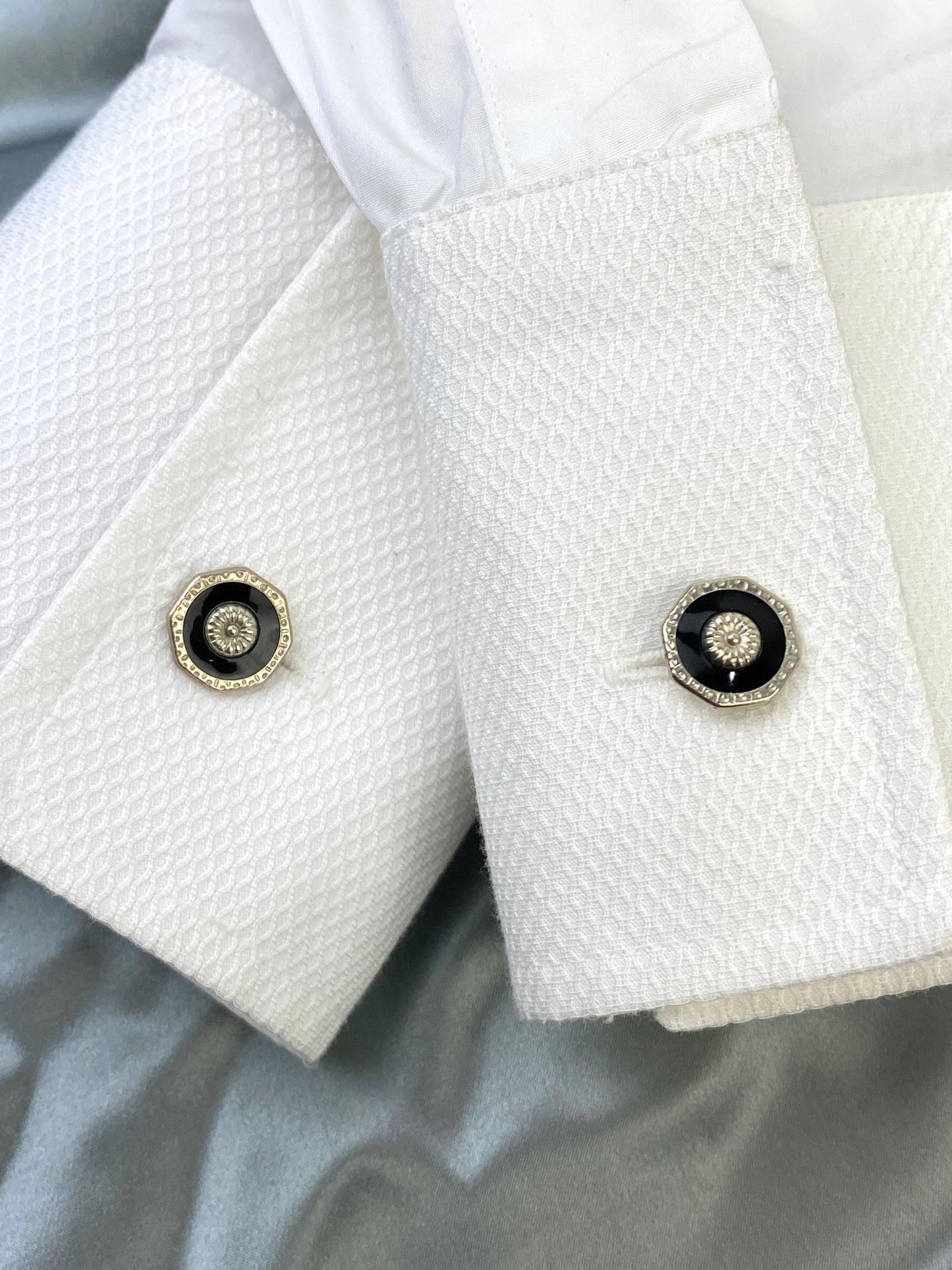 Vintage 1910s Men's Cufflinks, Hexagonal Silver with Black Celluloid, Bean-Back