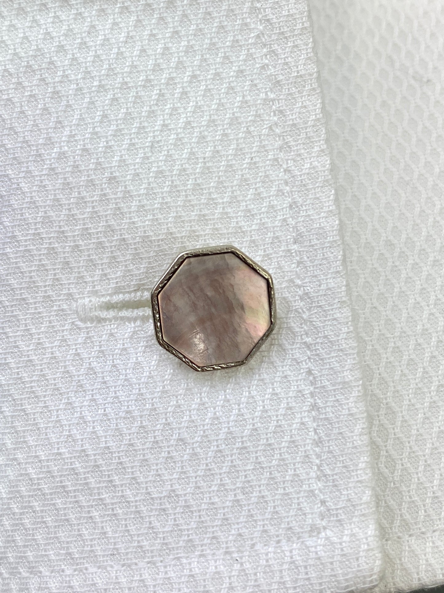 Vintage Edwardian 1910s Men's Cufflinks, Hexagonal Silver with Mother of Pearl Inlay, Gold Plated