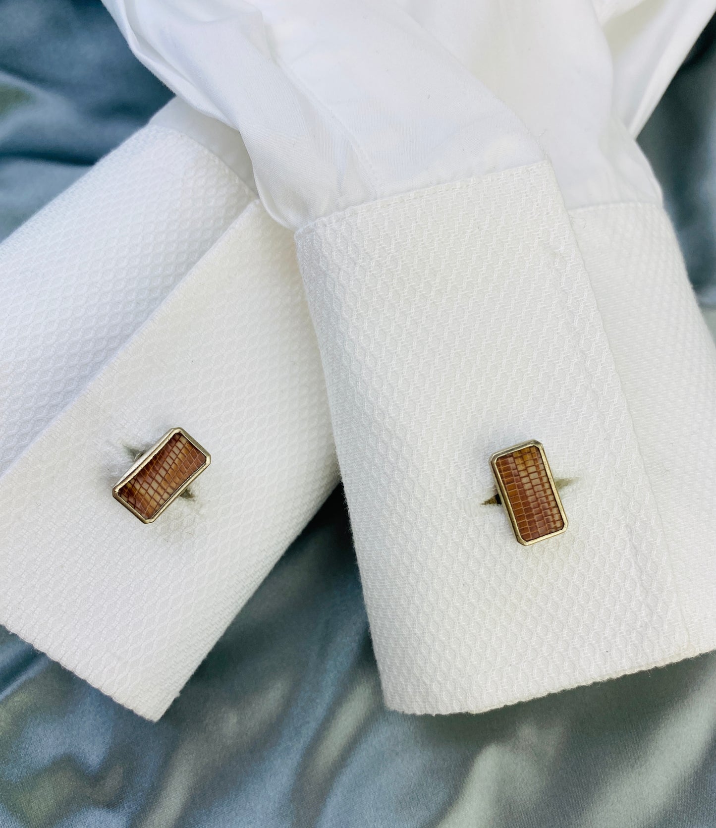 Vintage 1920s Men's Rectangular Cufflinks, Brown Faux Reptile Celluloid, Snap Backs