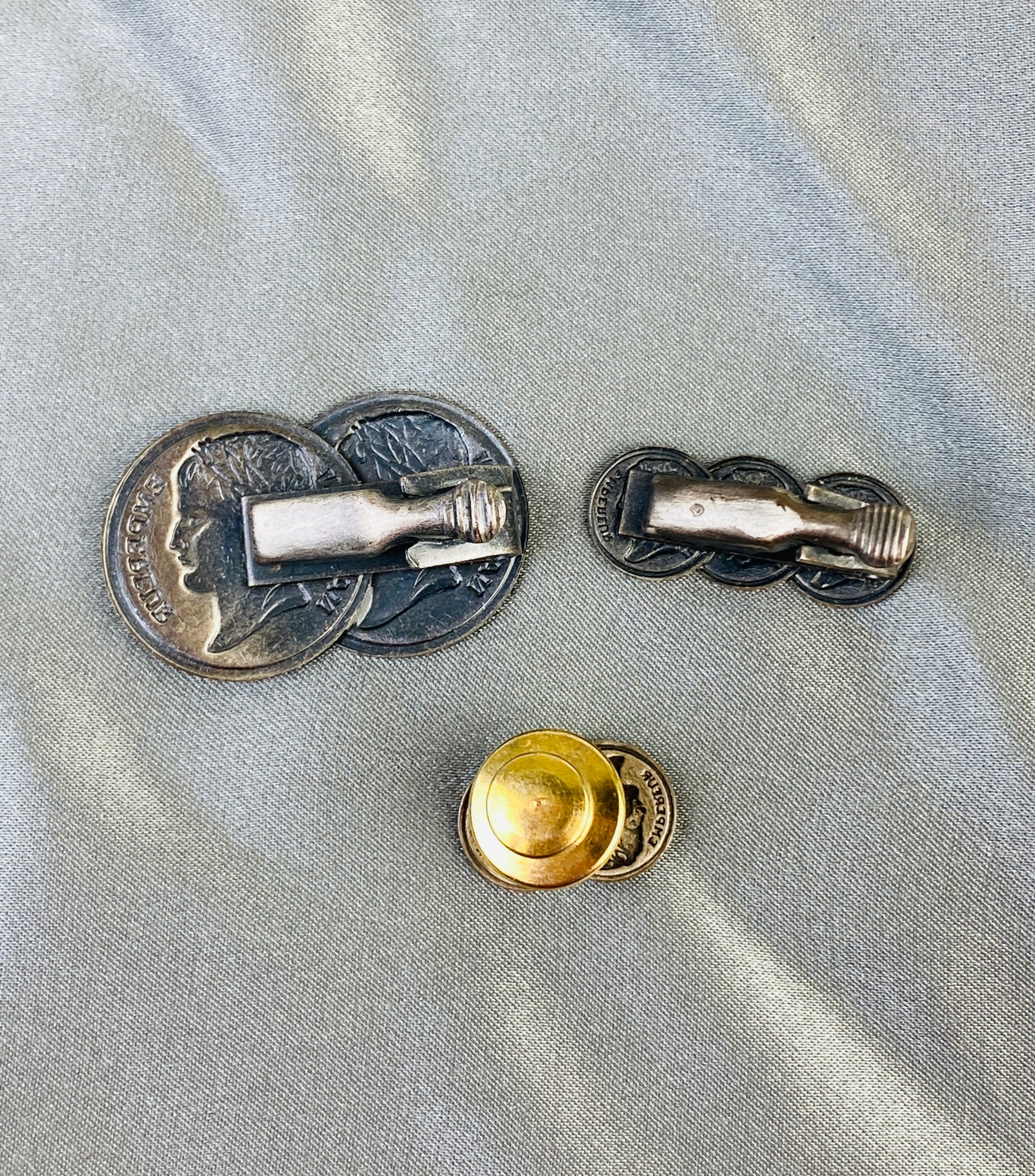 Vintage 1970s 'Napoleon Empereur' Silver Coin Lapel Pin and Tie Bar Clips, 3 Piece