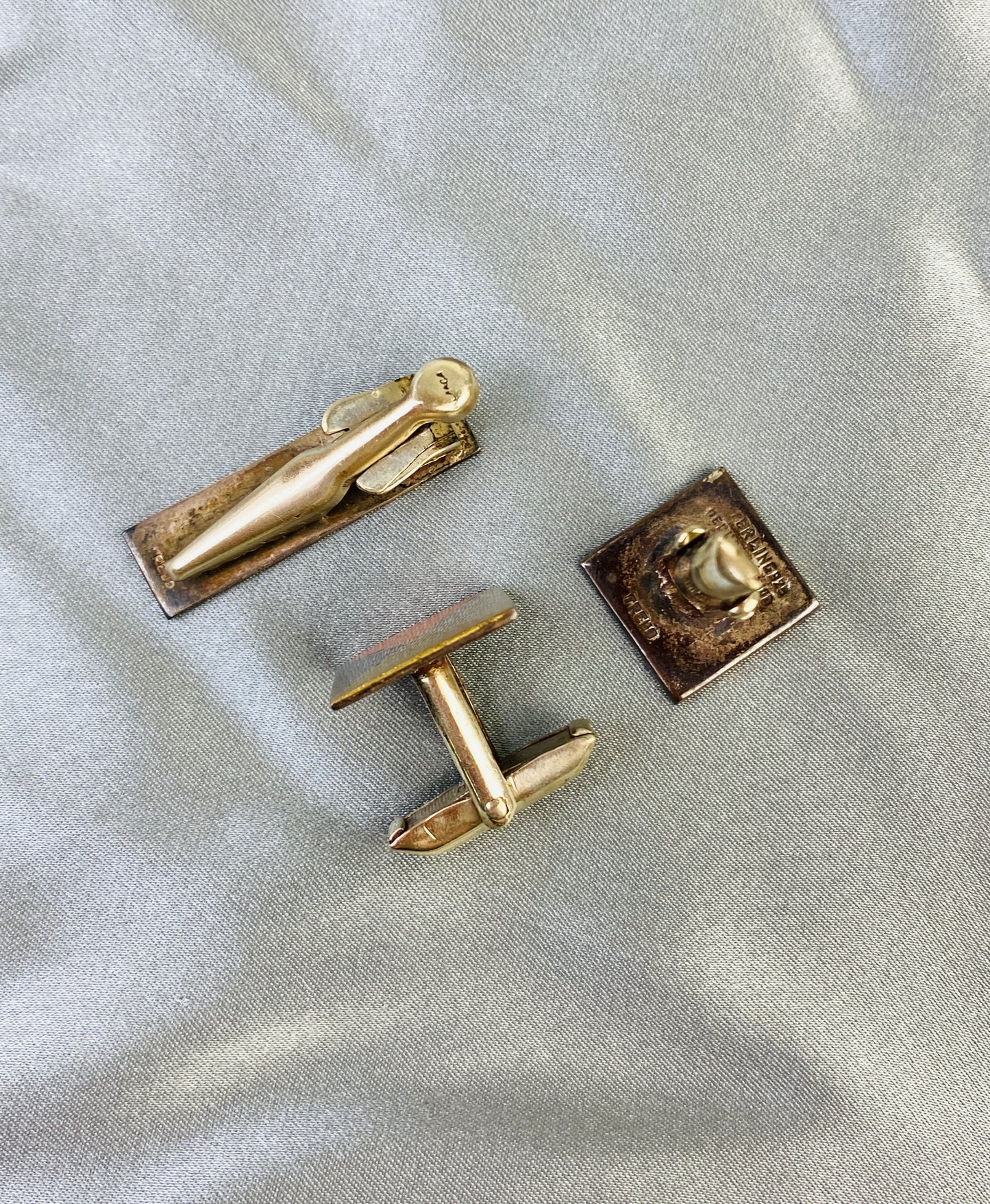 Vintage Geometric 4-Tone Mexican Silver Cufflinks and Tie Bar Clip