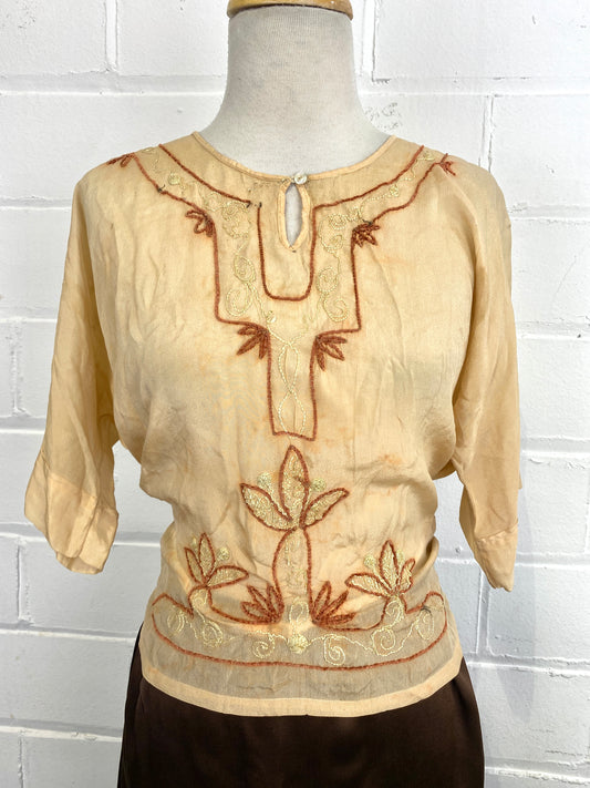 Vintage 1920s Peach Embroidered Silk Peasant Blouse, Medium 