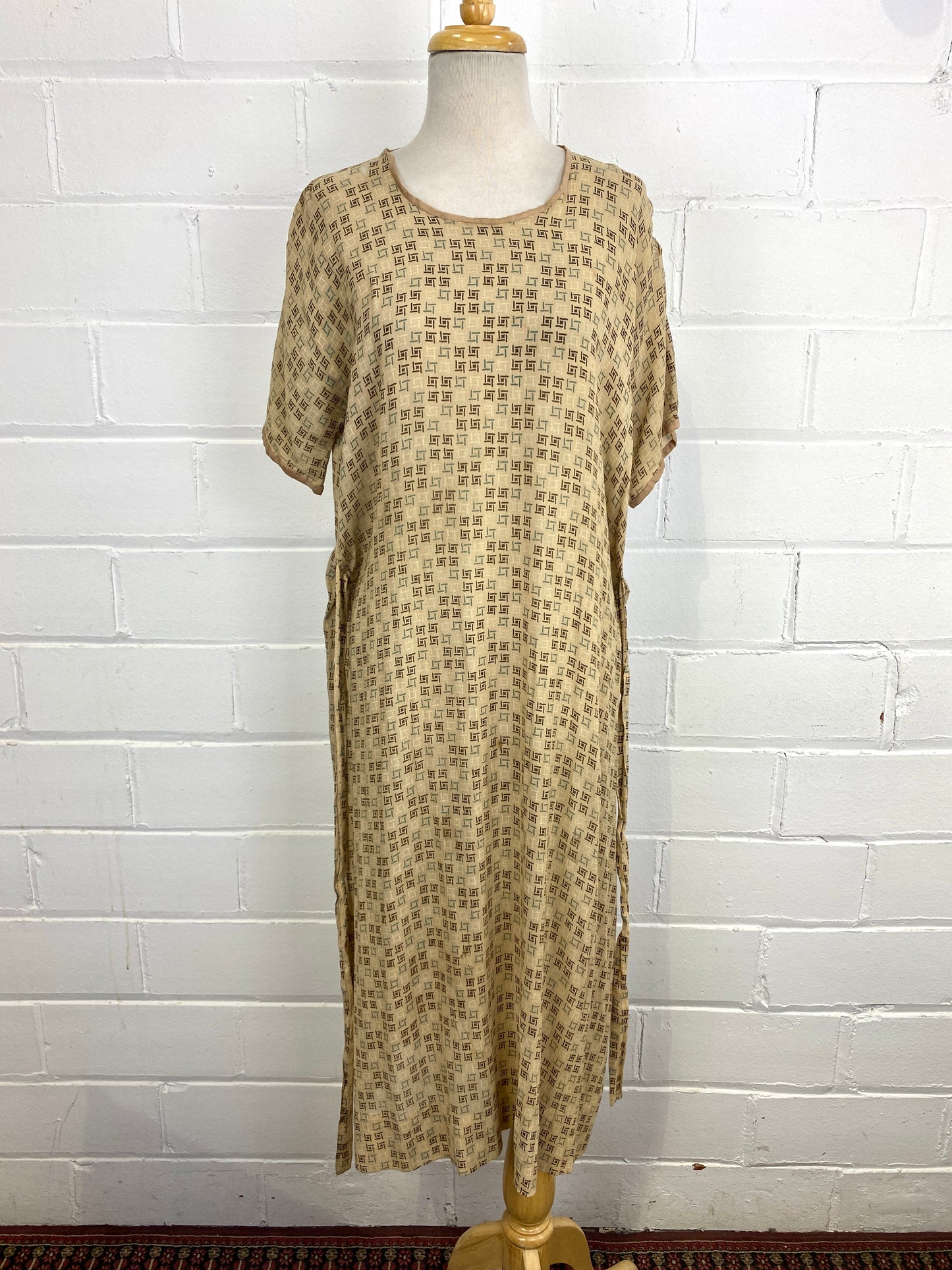 Vintage 1920s Short Sleeve Art Deco Print Silk Day Dress, As-Is