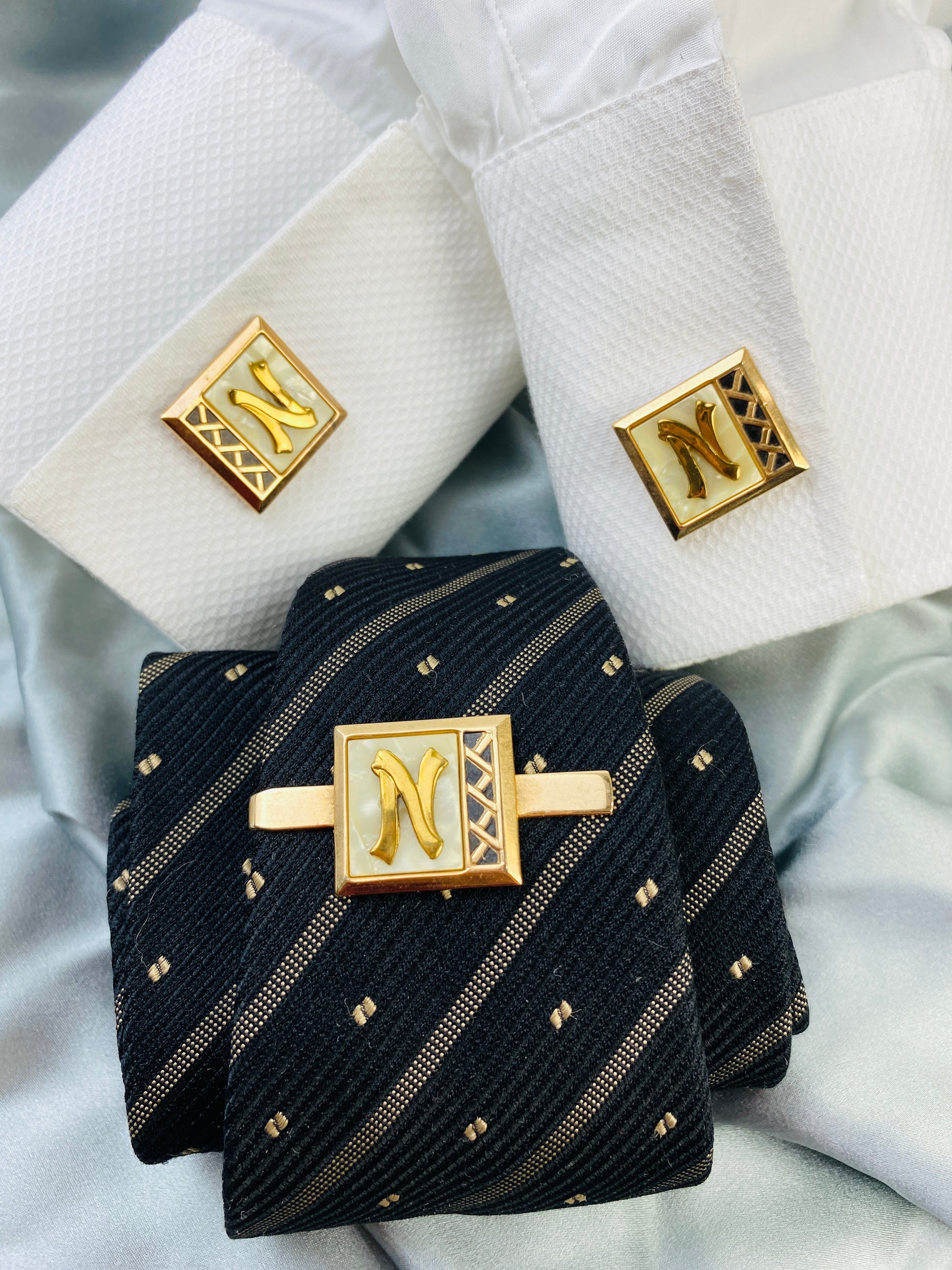 Vintage Brass Cufflinks, Tie Bar & Buckle 3 Piece Set, 'N' Monogram