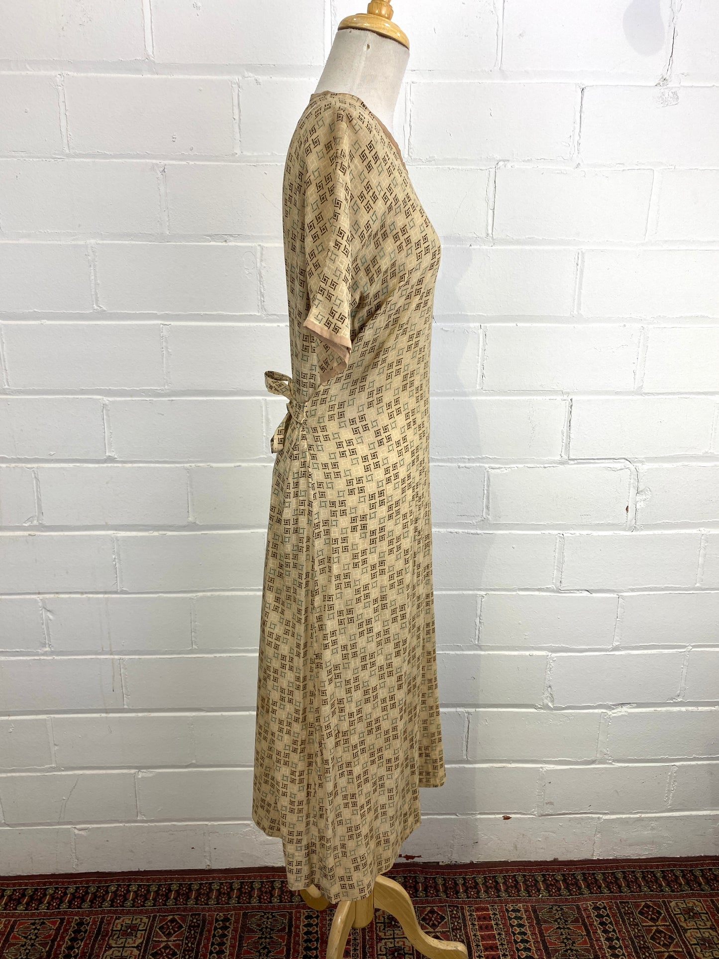 Vintage 1920s Short Sleeve Art Deco Print Silk Day Dress, As-Is