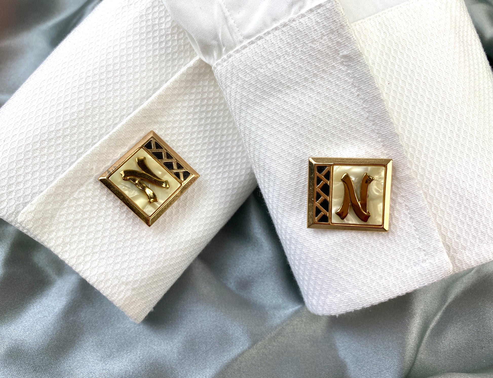 Vintage Brass Cufflinks, Tie Bar & Buckle 3 Piece Set, 'N' Monogram