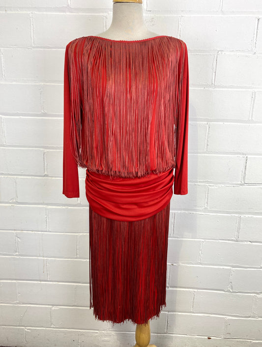 Vintage 80s-Does-20s Red Jersey Fringe Cocktail Dress, W32