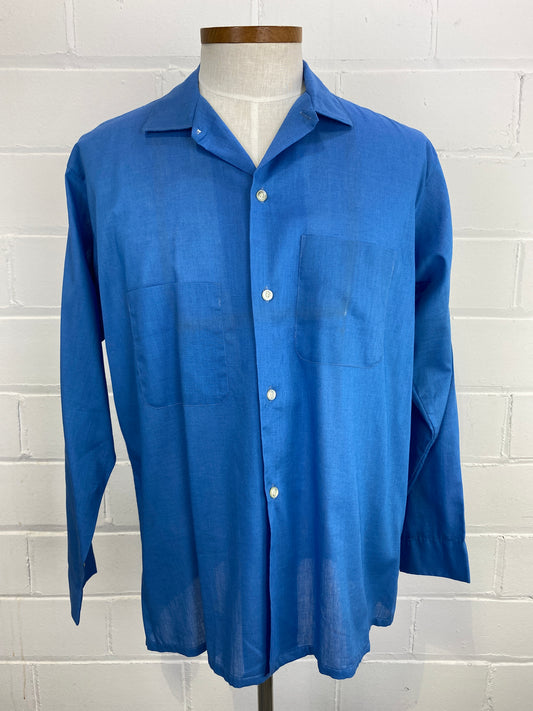 Vintage 80s Men's Blue Button-Up Shirt, Large