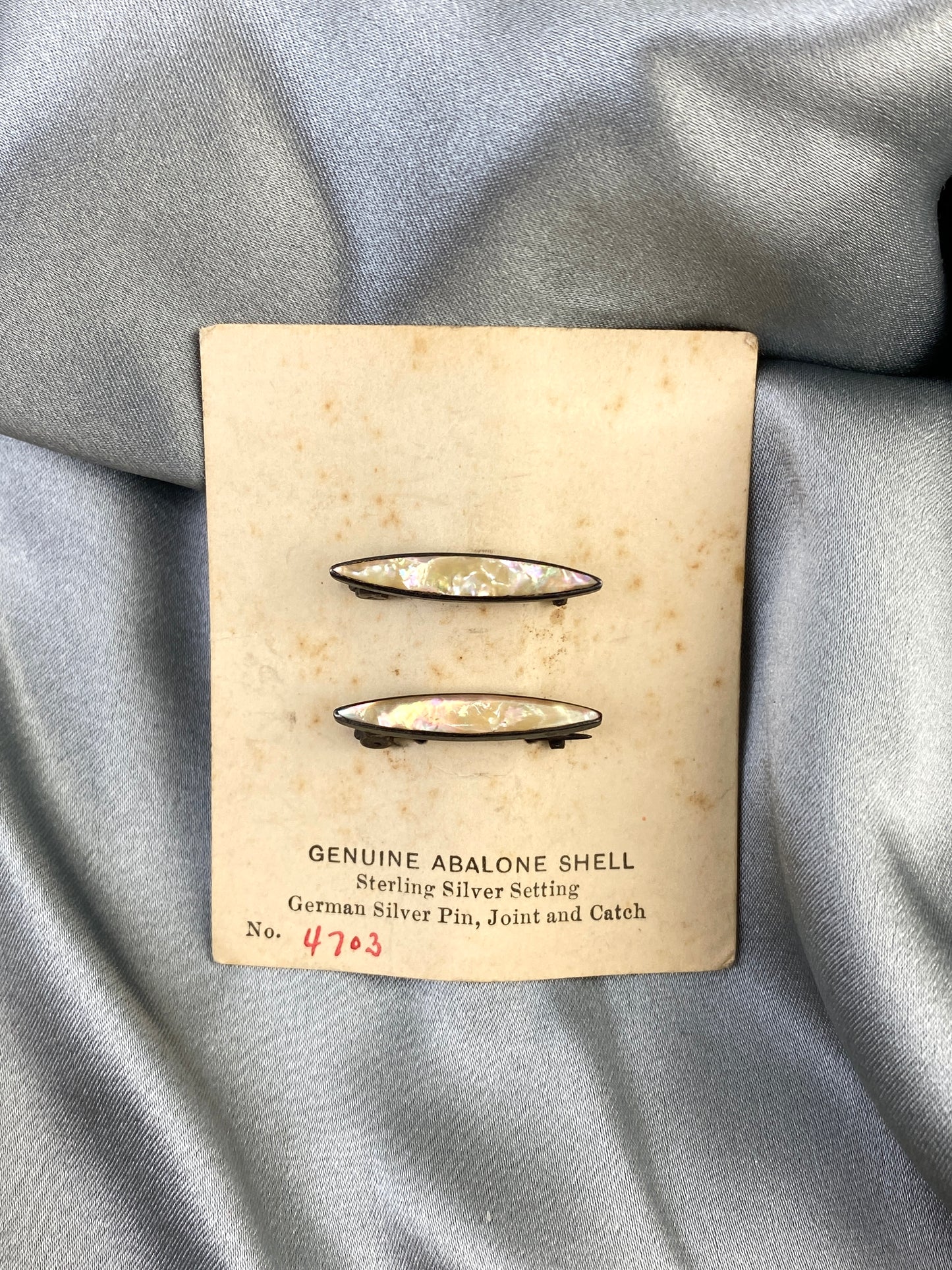 Antique 1910s Silver Elongated Abalone Shell Lingerie Pins, NOS