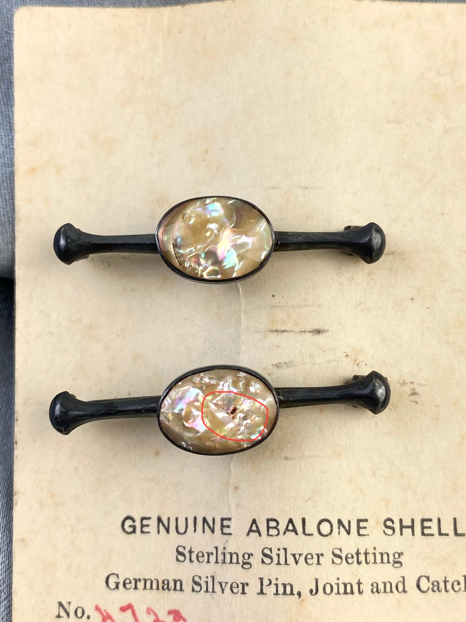 Antique 1910s Silver Oval Abalone Shell Lingerie Pins, NOS
