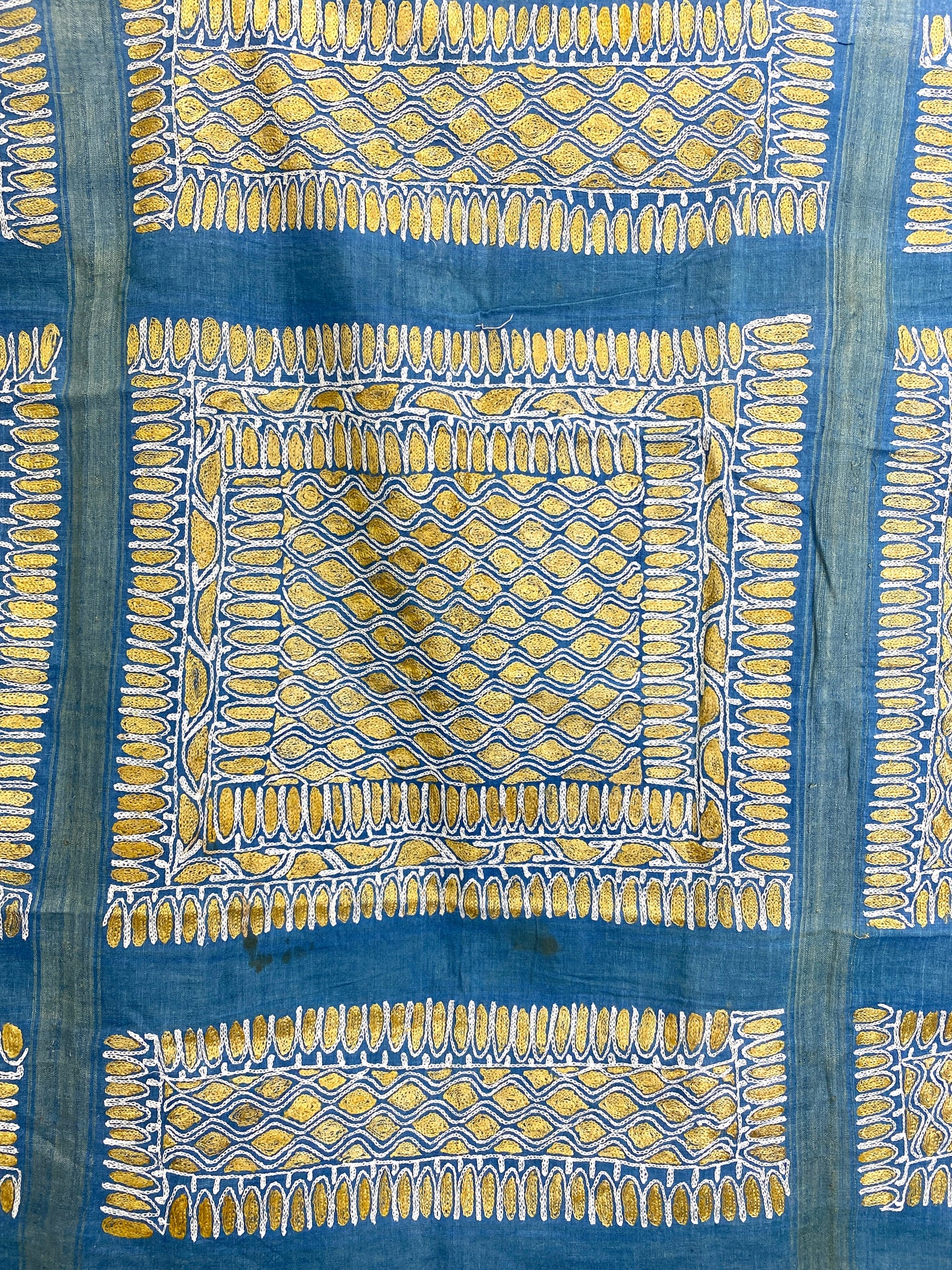 Vintage 1920s/30s Embroidered Blue Cotton Fabric Cloth, 42" Square