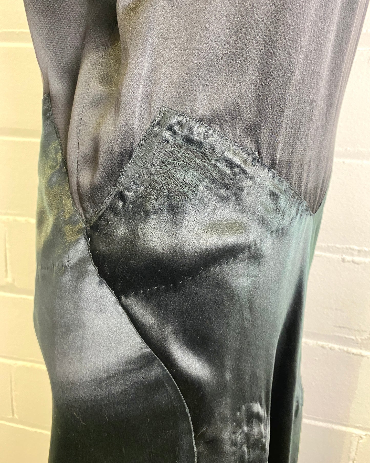 Vintage 1930s Black Satin Dress with Print Bodice, Medium