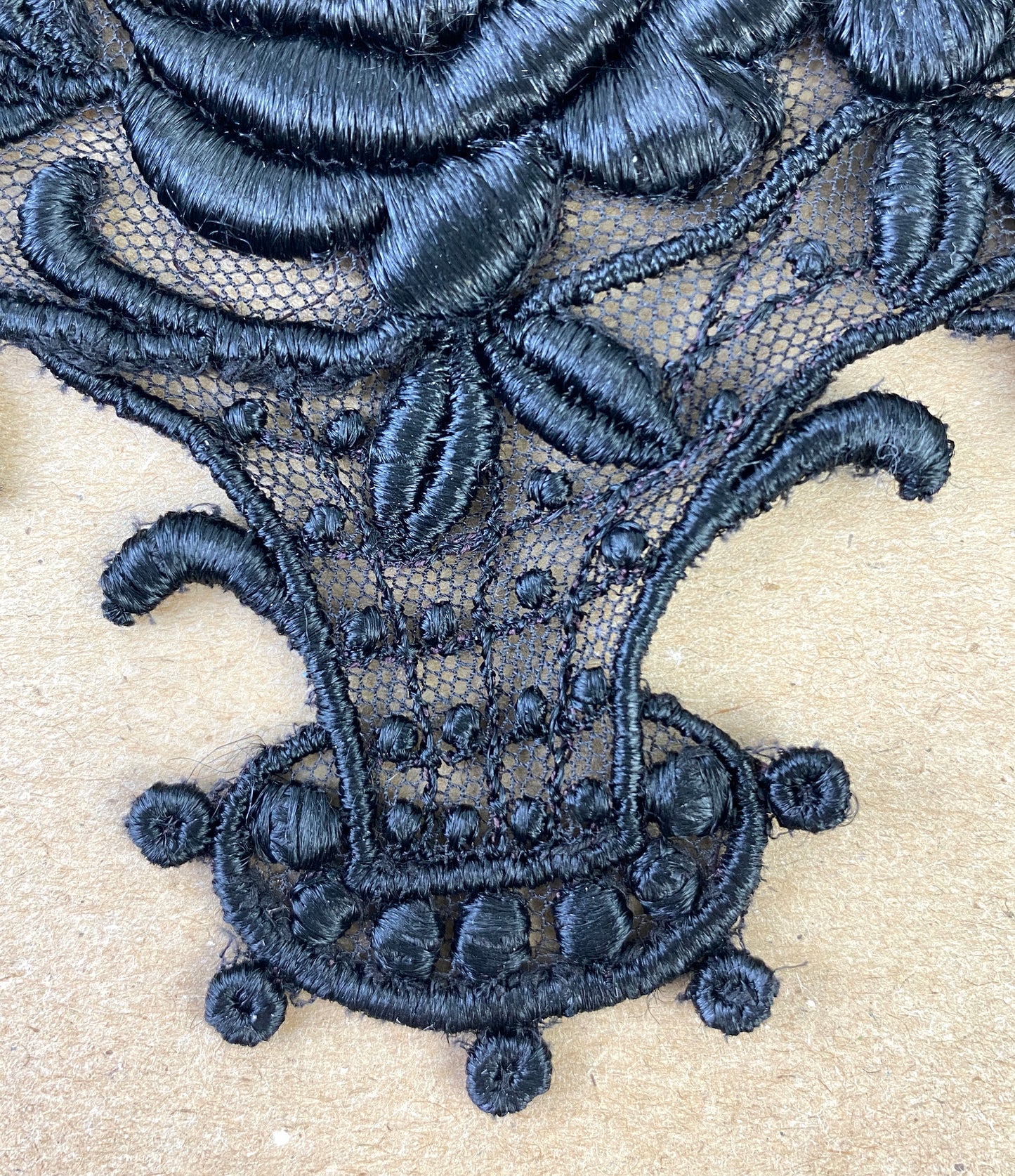 Antique Victorian Black Silk On Tulle Floral Basket Appliqué