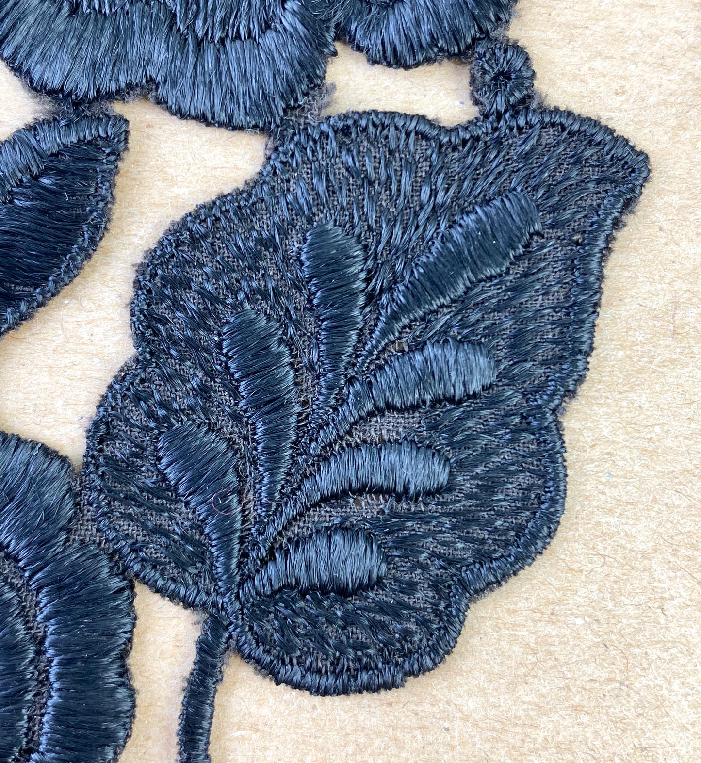 Antique Victorian Black Silk Floral Embroidered Appliqués, 4 Pieces