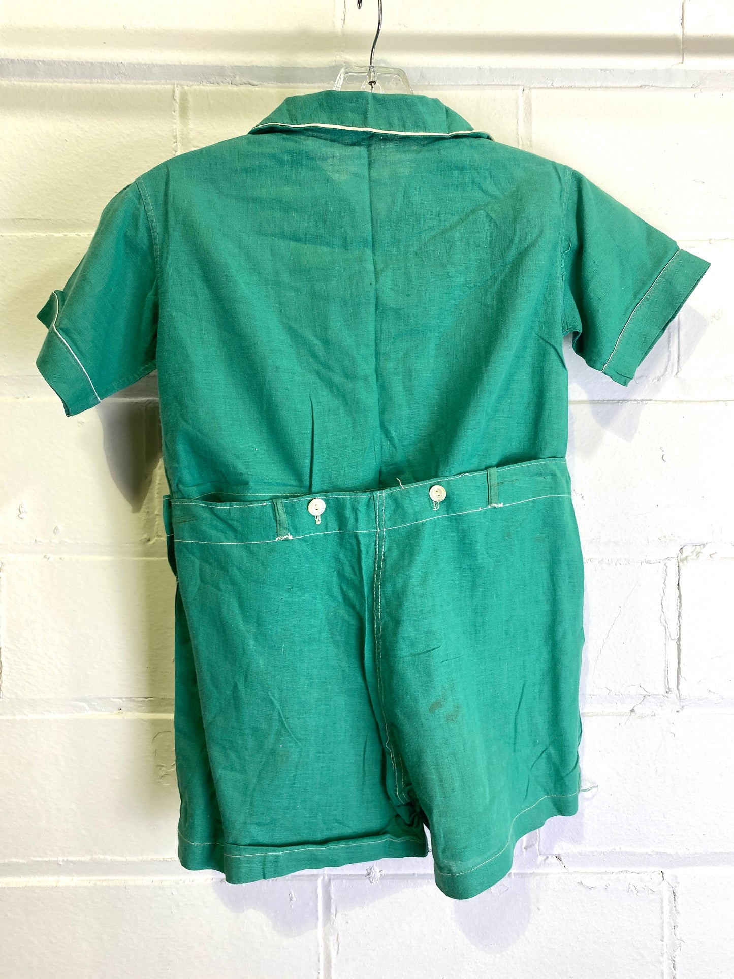Vintage 1930s Green Linen Boys Shorts & Shirt Romper Set