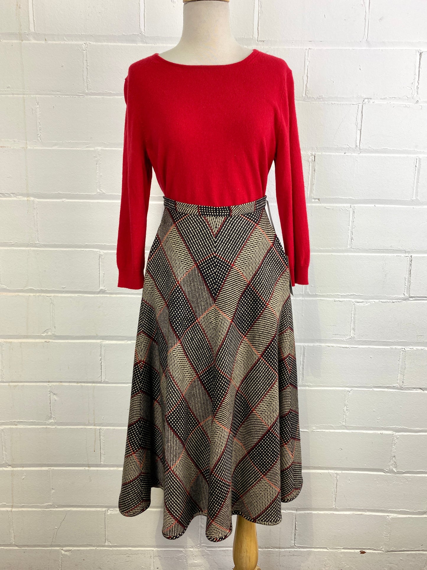 Vintage 1980s Valentino Wool Chevron Plaid Flared Midi Skirt, W30