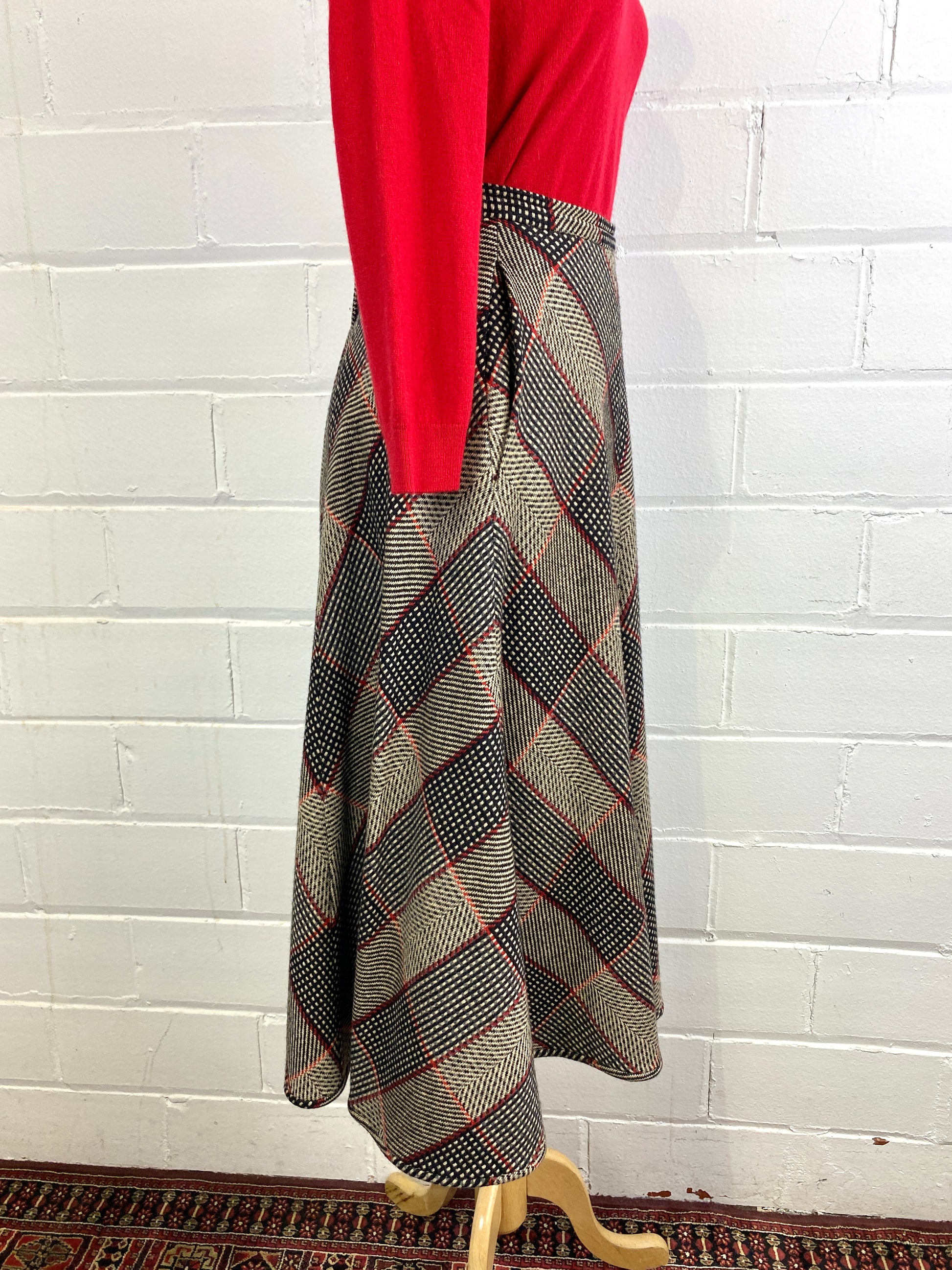 Vintage 1980s Valentino Wool Chevron Plaid Flared Midi Skirt, W30