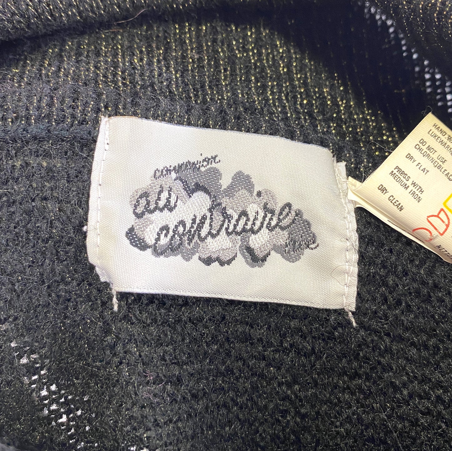 Vintage 1980s Black & Gold Cowl Neck Sweater with Leaf Appliqué, Medium