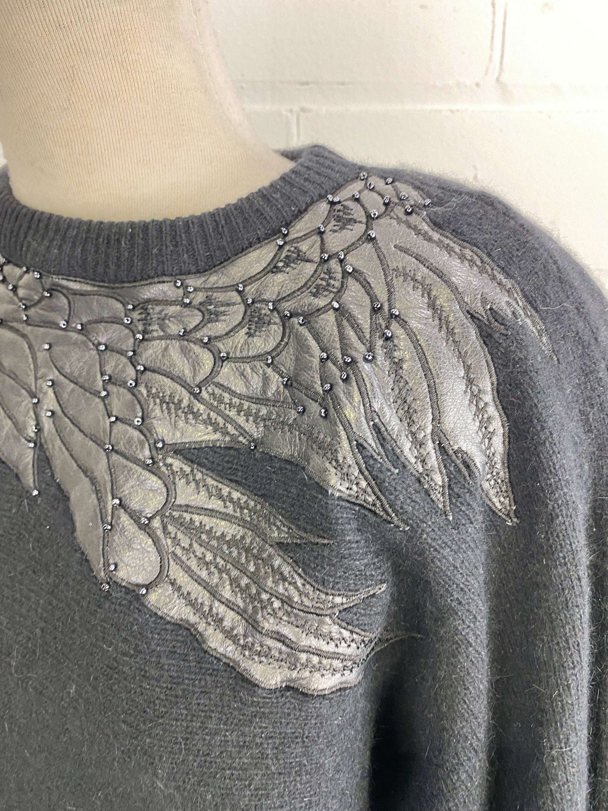 Vintage 1980s Black Wool/ Angora Sweater with Leather Appliqué Bird, Large
