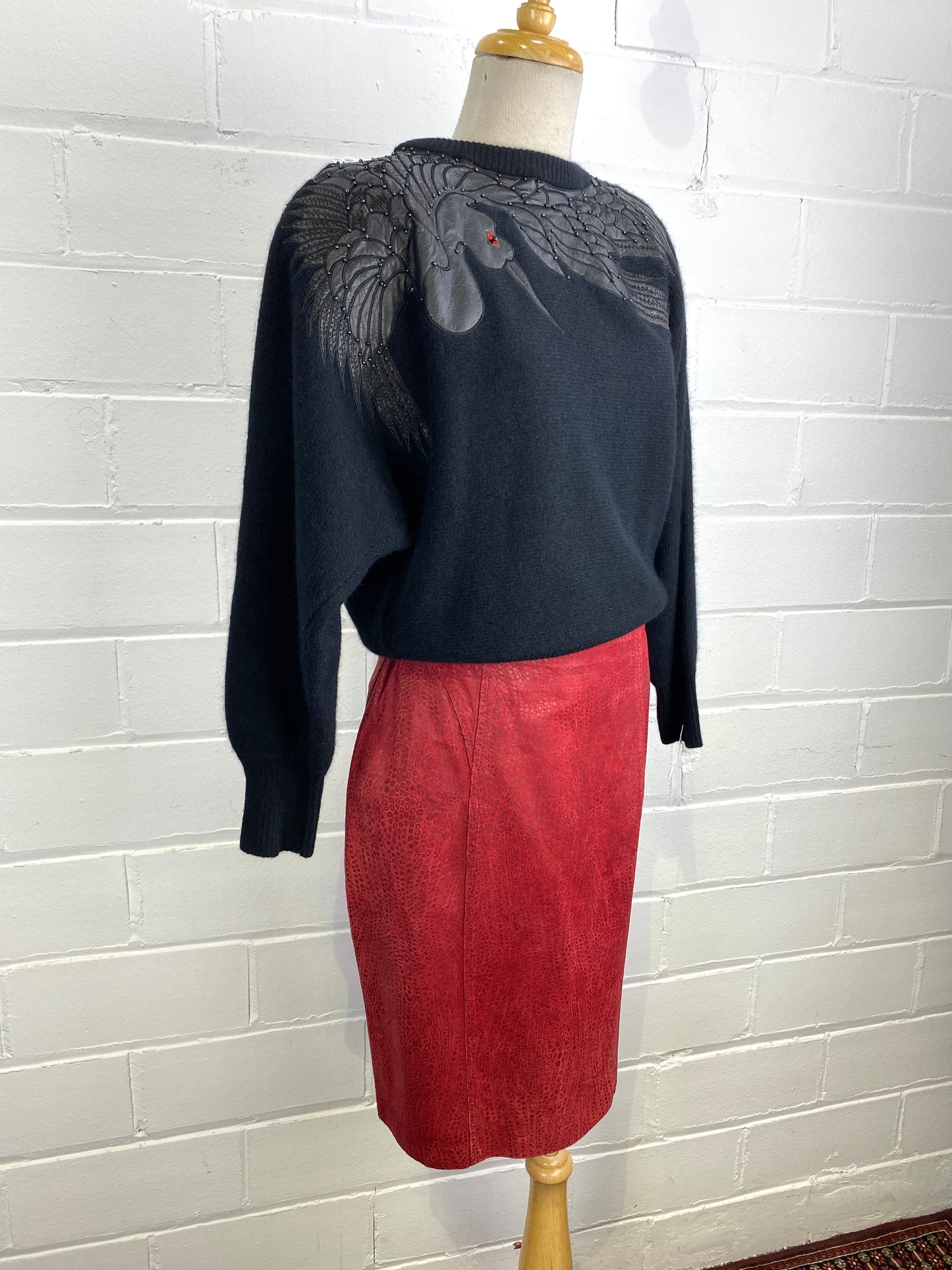 Vintage 1980s Black Wool/ Angora Sweater with Leather Appliqué Bird, Large