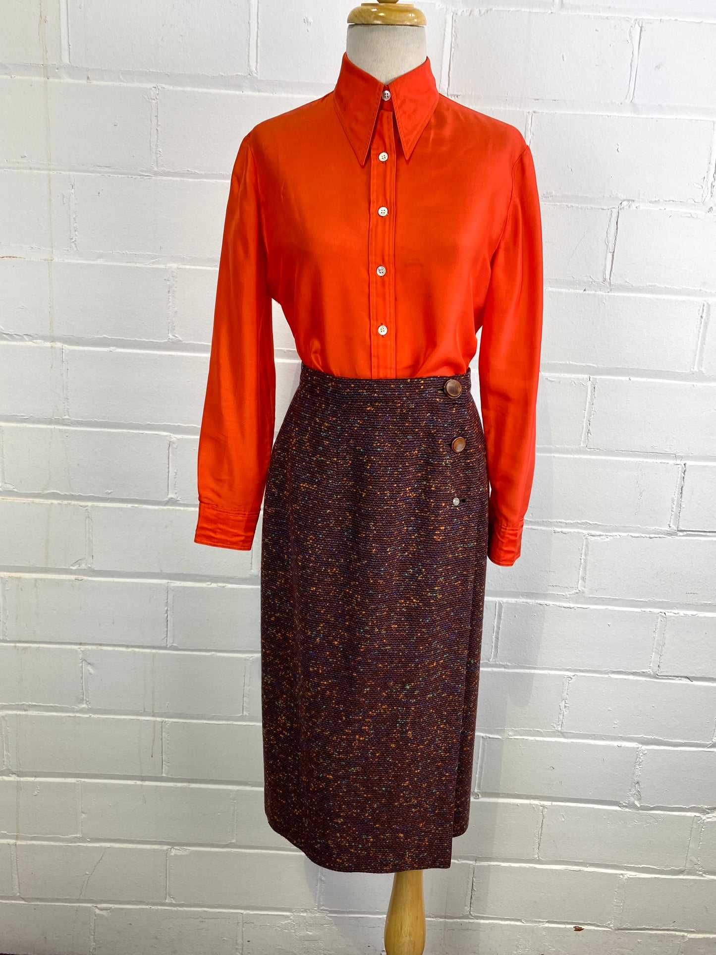 1950s Wool Skirt, Brown Bouclé with Blue and Orange Flecks, Side Buttons, Mid Century Vintage Pencil Skirt, 25 Waist