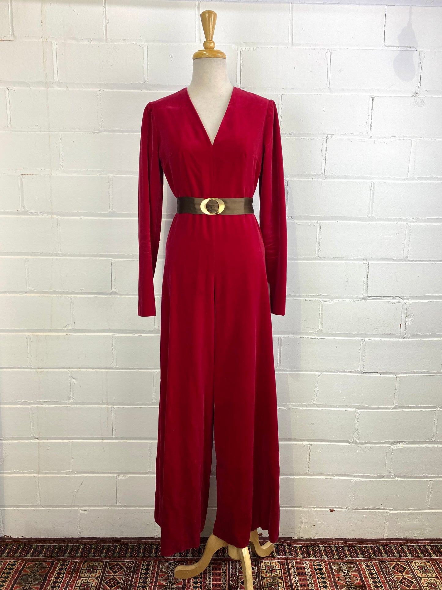 Vintage 1960s Red Velvet Jumpsuit, Small