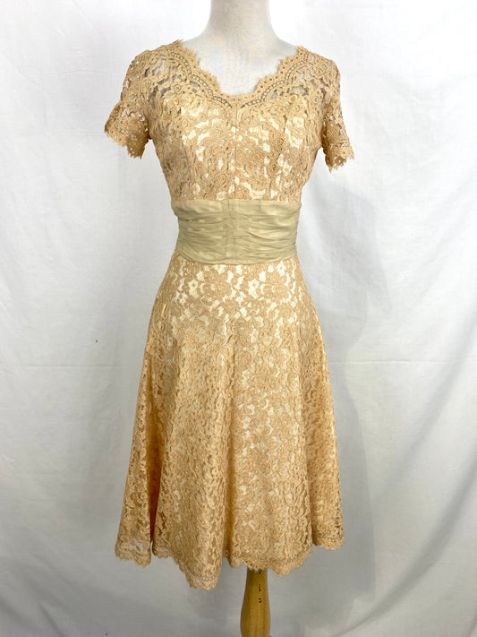 Vintage 1950s Peach Lace Cocktail Dress, XS