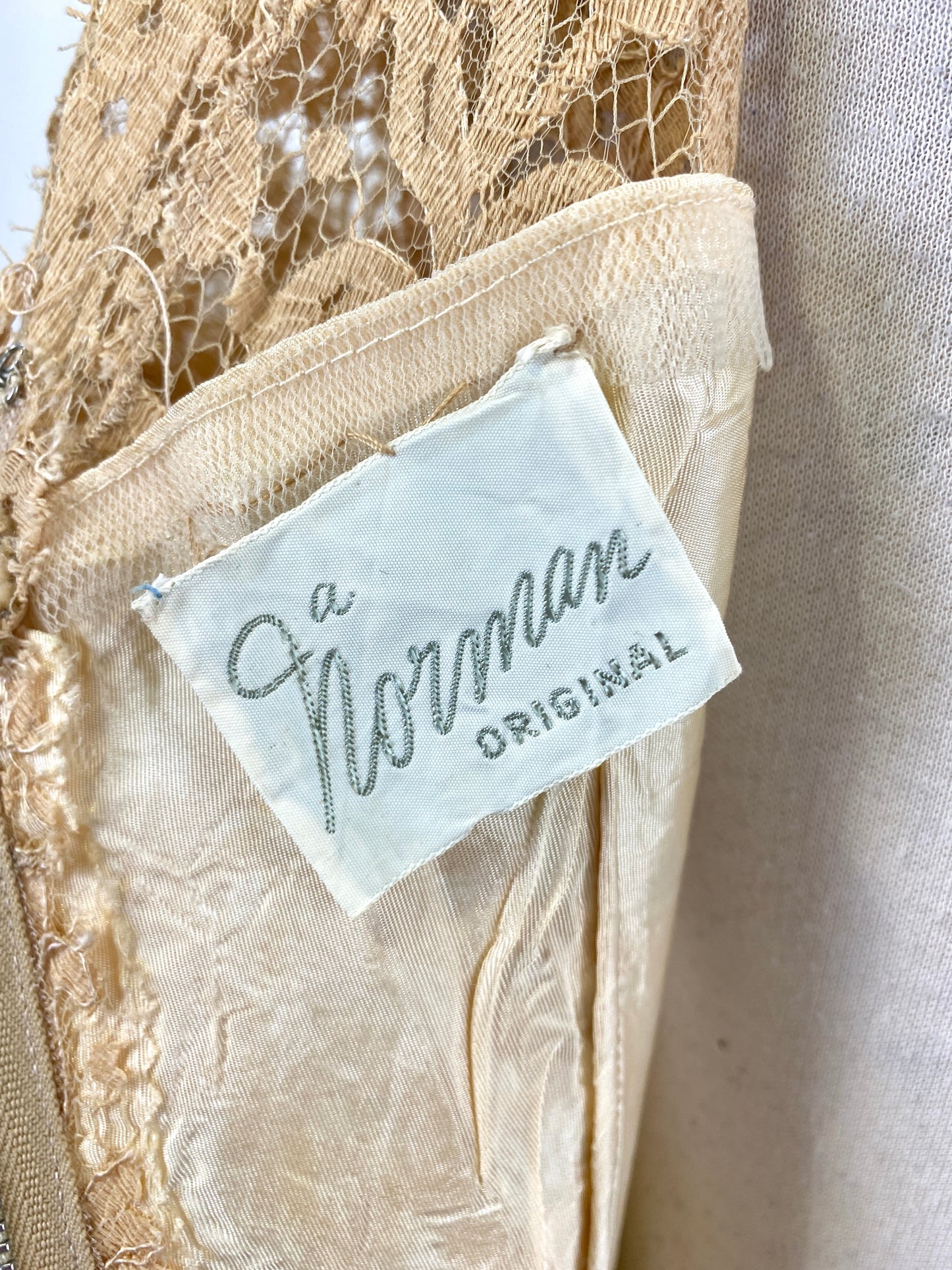 Vintage 1950s Peach Lace Cocktail Dress, XS