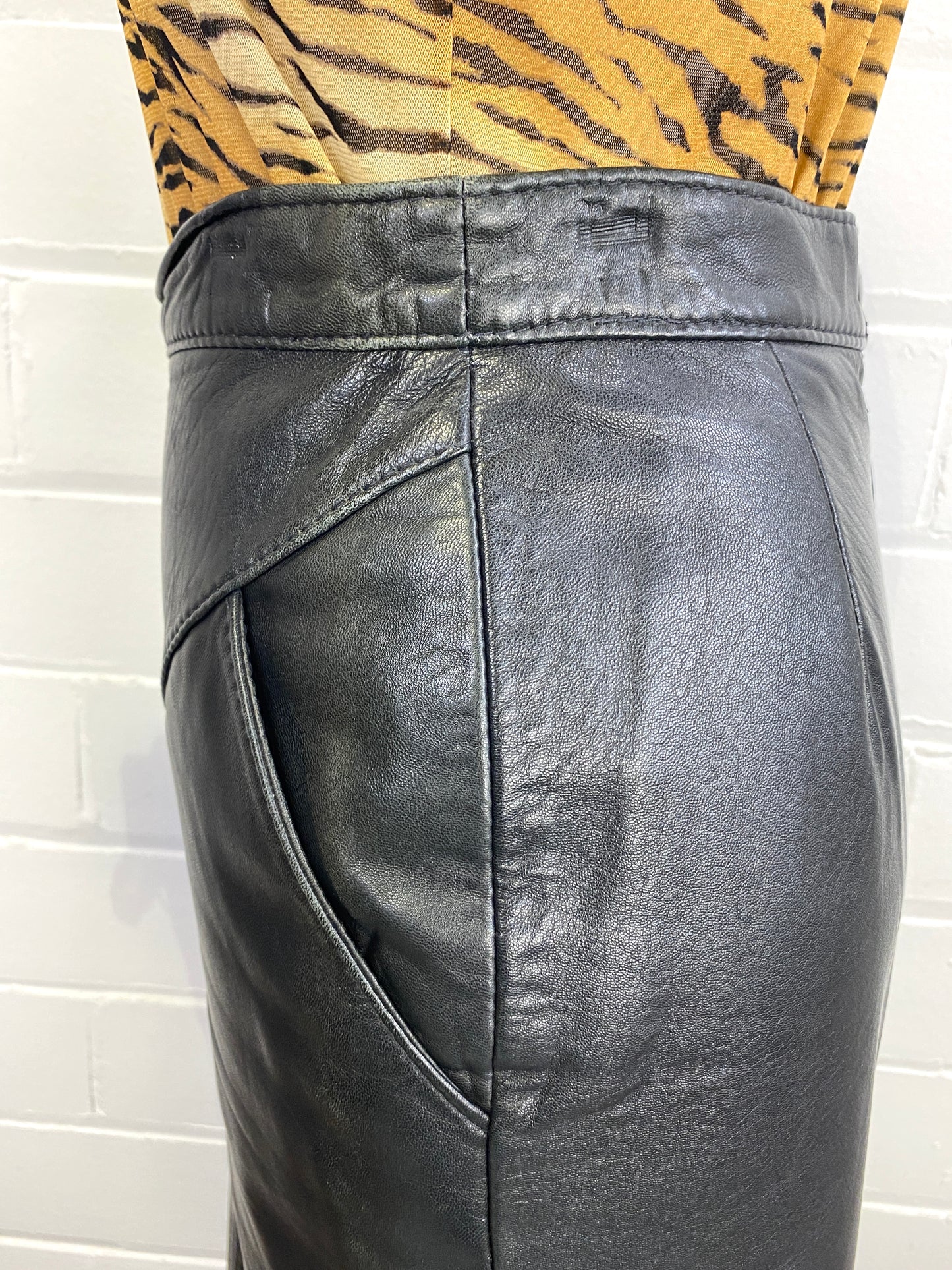 Vintage 1980s Black Leather High-Waist Skirt, W27"