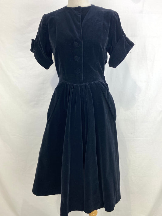 Vintage 1950s Black Velour Cocktail Dress, Medium