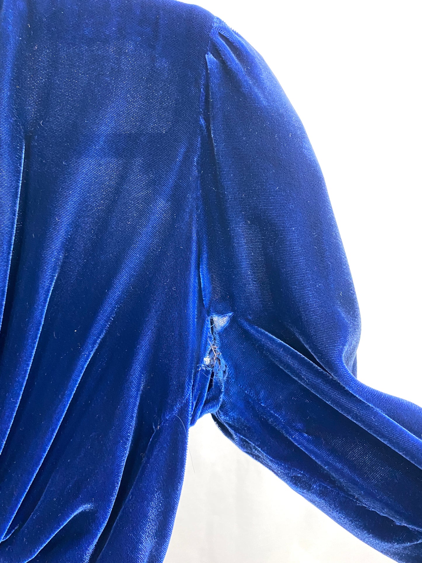 Vintage 1940s Blue Velvet Cocktail Dress, Ruched Sleeves, Small