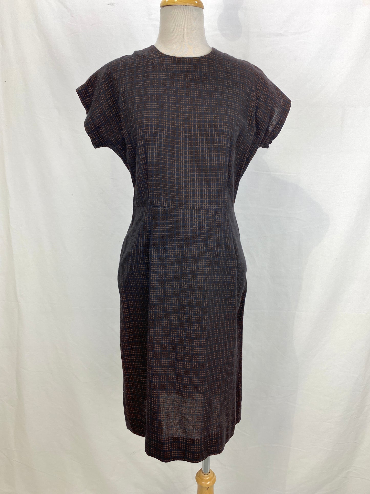 Front of 60s black/ brown sheath dress. Ian Drummond Vintage. 
