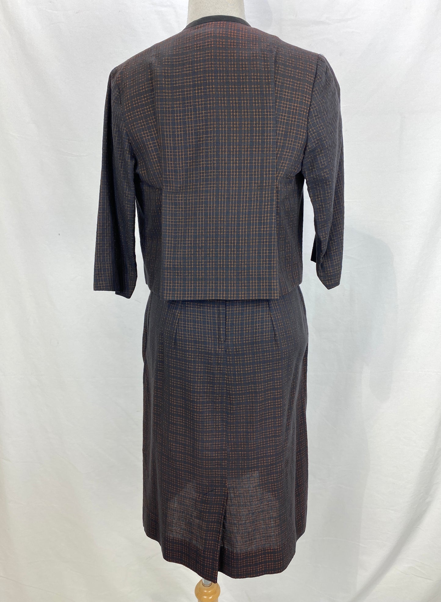 Back view of brown 60s dress and jacket set.  Ian Drummond Vintage. 