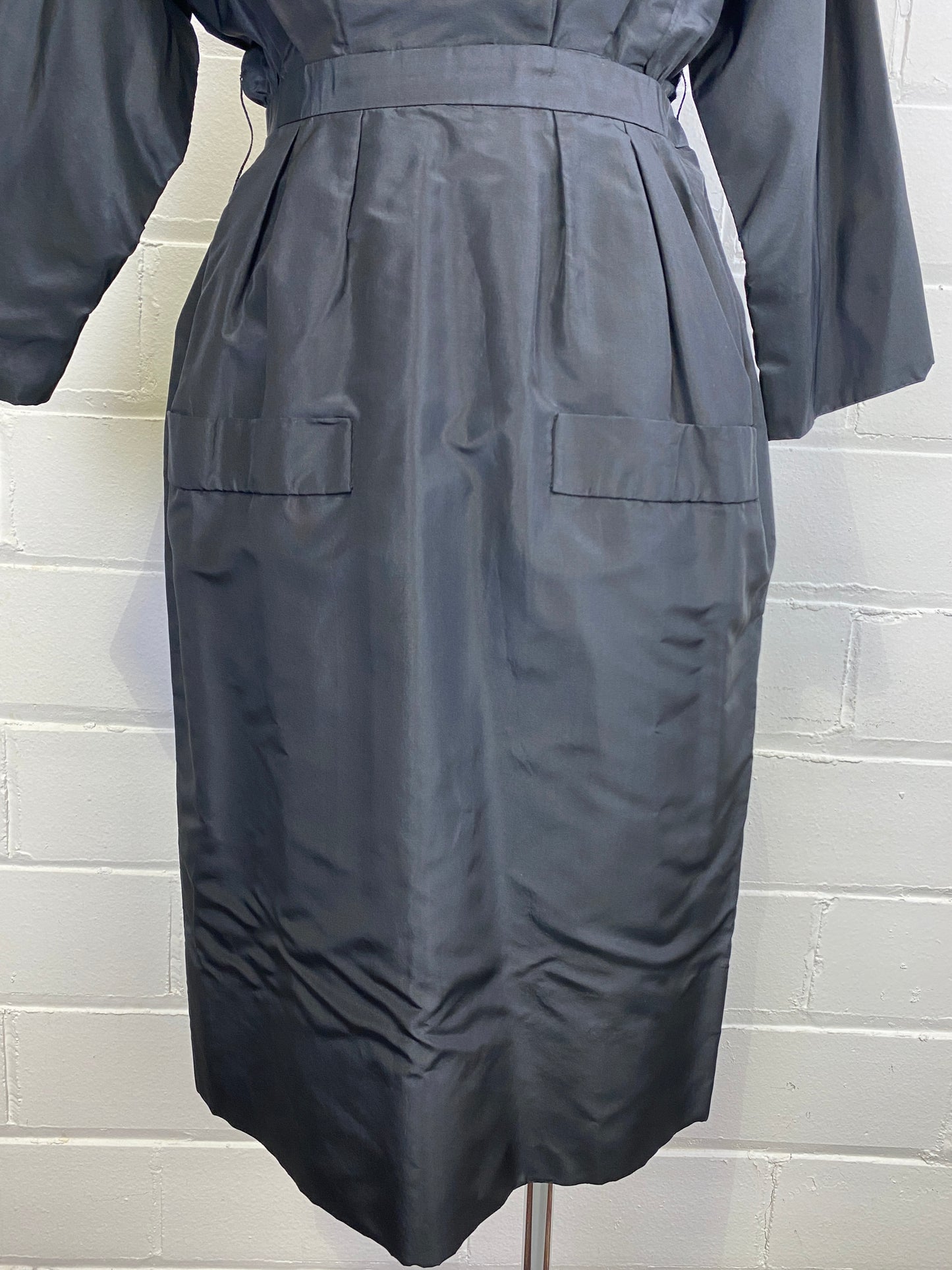 Vintage 1950s Nat Kaplan Black Silk Faille Dress, XS