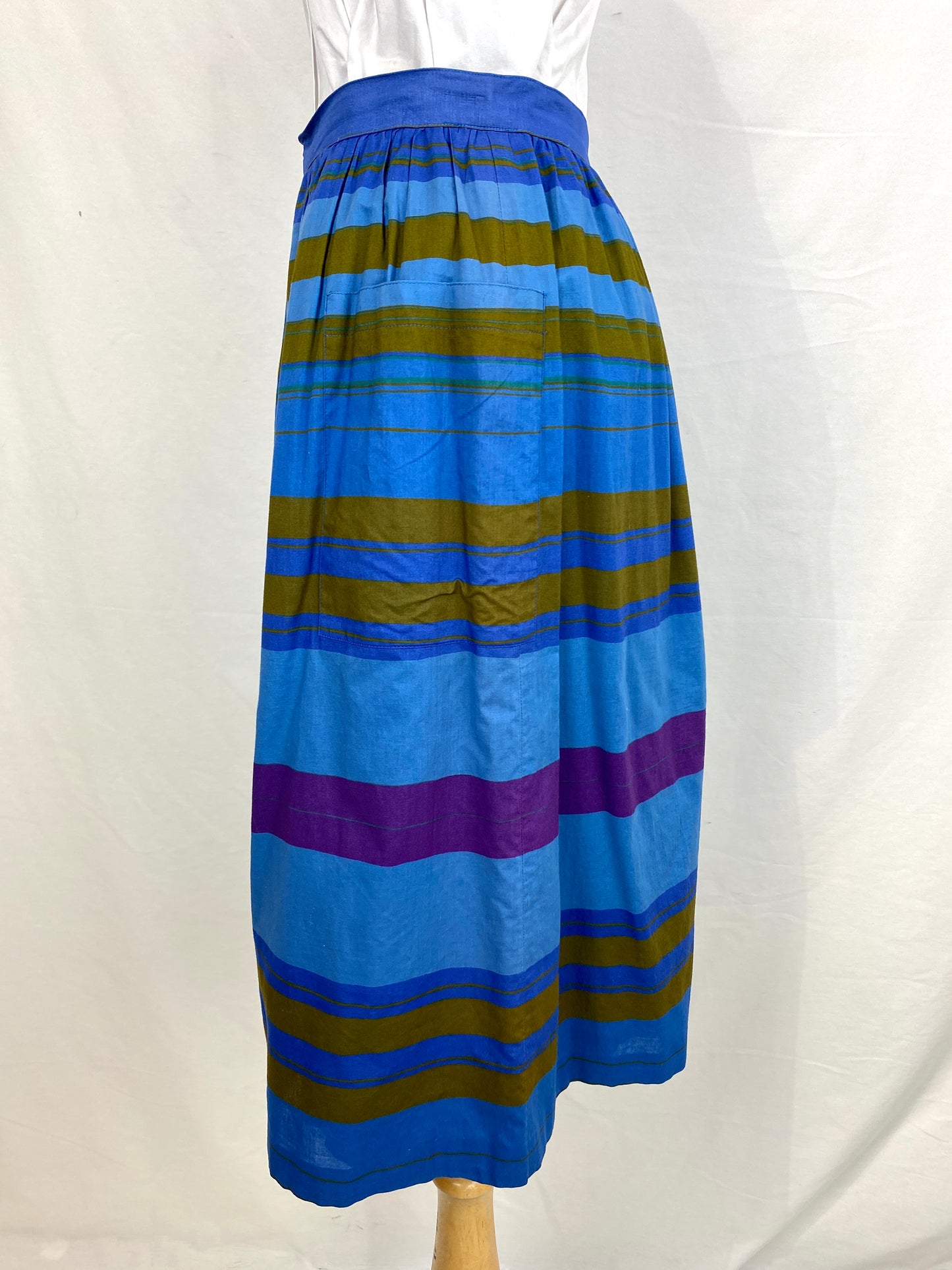 Left side view of 80s vertical stripe straight gathered skirt. Ian Drummond Vintage.