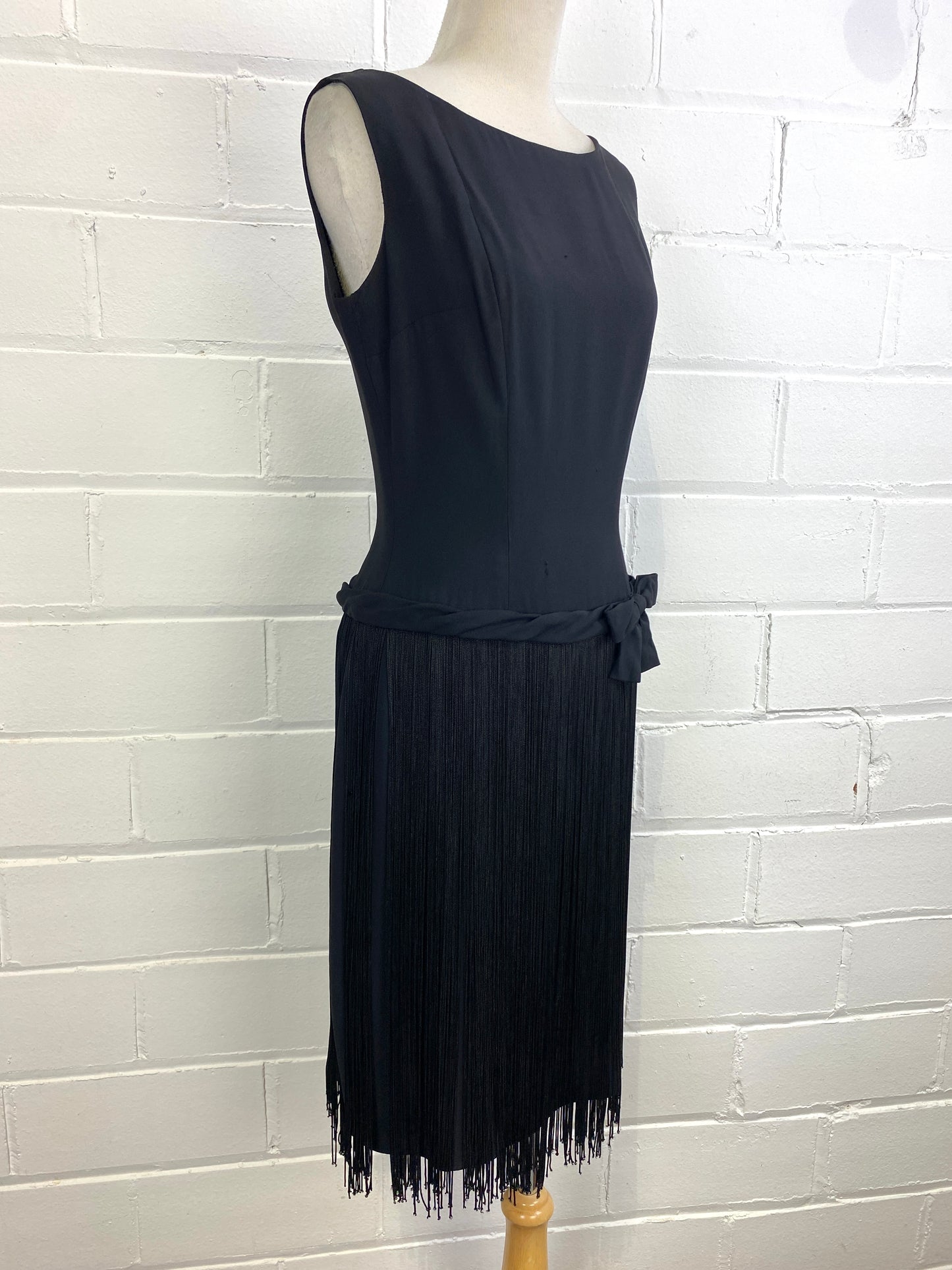 Vintage 1960s Does 20s Party Dress with Fringe Skirt & Waist Bow, Small