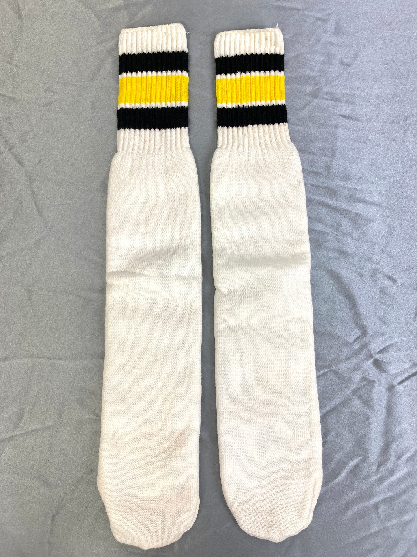 Vintage Deadstock White Cotton Tube Socks with Yellow & Black Stripes, Sports/ Gym, x2 Pair
