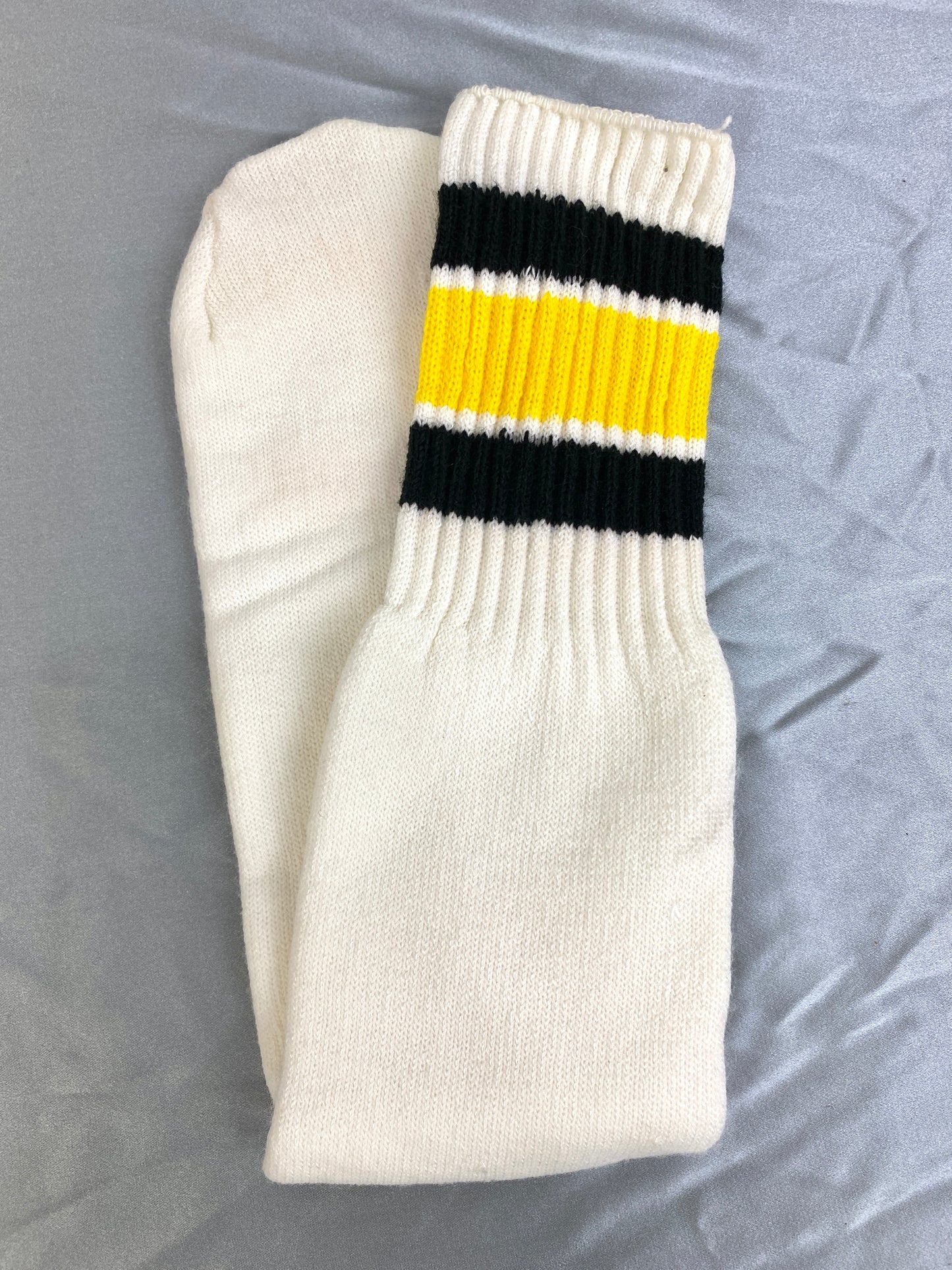 Vintage Deadstock White Cotton Tube Socks with Yellow & Black Stripes, Sports/ Gym, x2 Pair