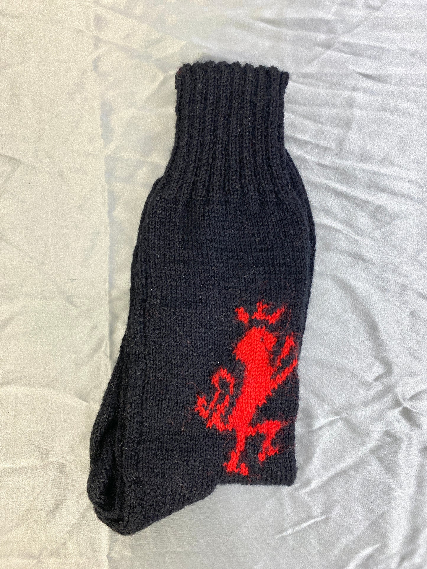 Vintage Deadstock Red Heraldic Lion Rampant Black Wool Socks, x1 Pair