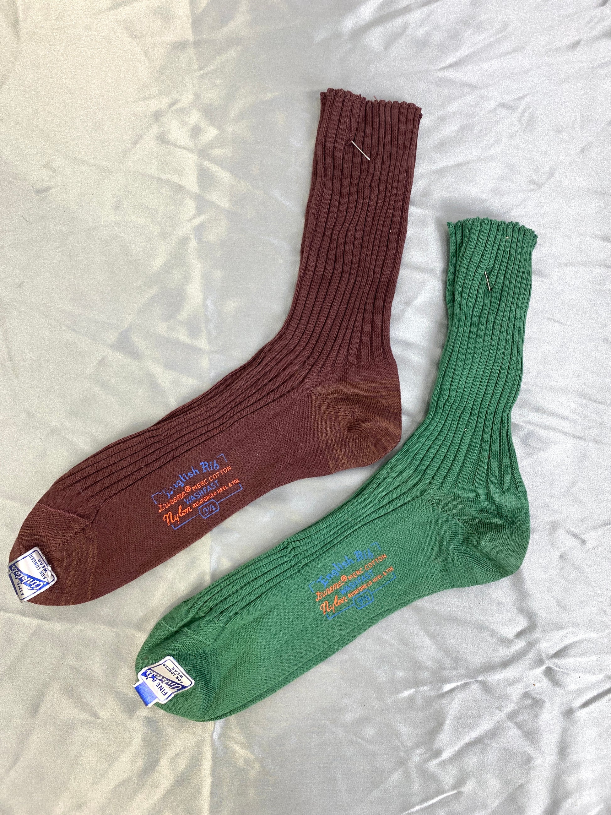 Vintage 1950s Deadstock Brown & Green Cotton Rib 'Anklet' Socks, x2