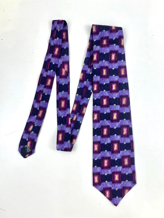90s Deadstock Silk Necktie, Men's Vintage Purple/ Yellow Geometric Pattern Tie, NOS