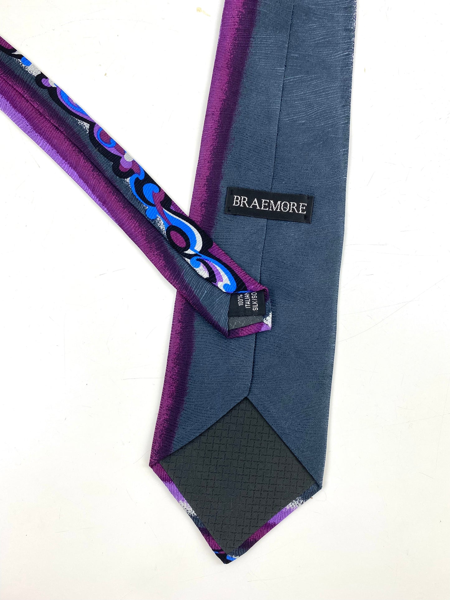 90s Deadstock Silk Necktie, Men's Vintage Purple/ Blue/ Grey Vertical Stripe Abstract Pattern Tie, NOS