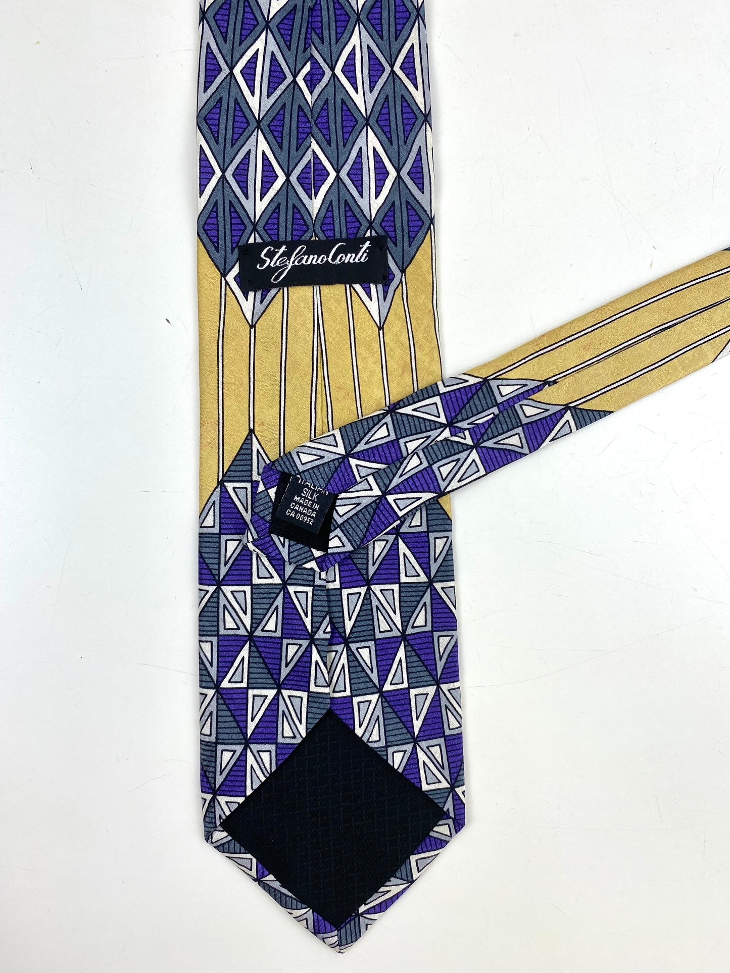 90s Deadstock Silk Necktie, Men's Vintage Purple/ Gold Geometric Art Deco Pattern Tie, NOS