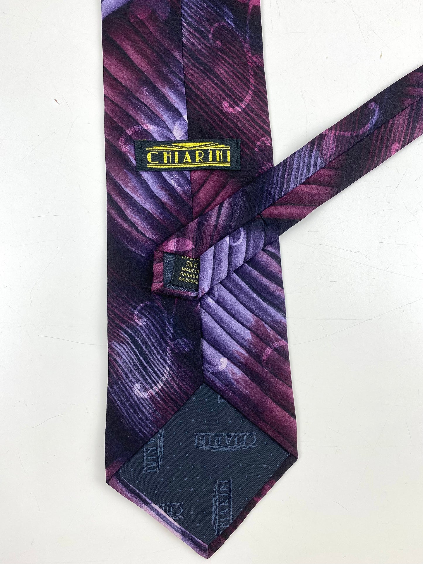 90s Deadstock Silk Necktie, Men's Vintage Purple/ Black Abstract Botanical Pattern Tie, NOS