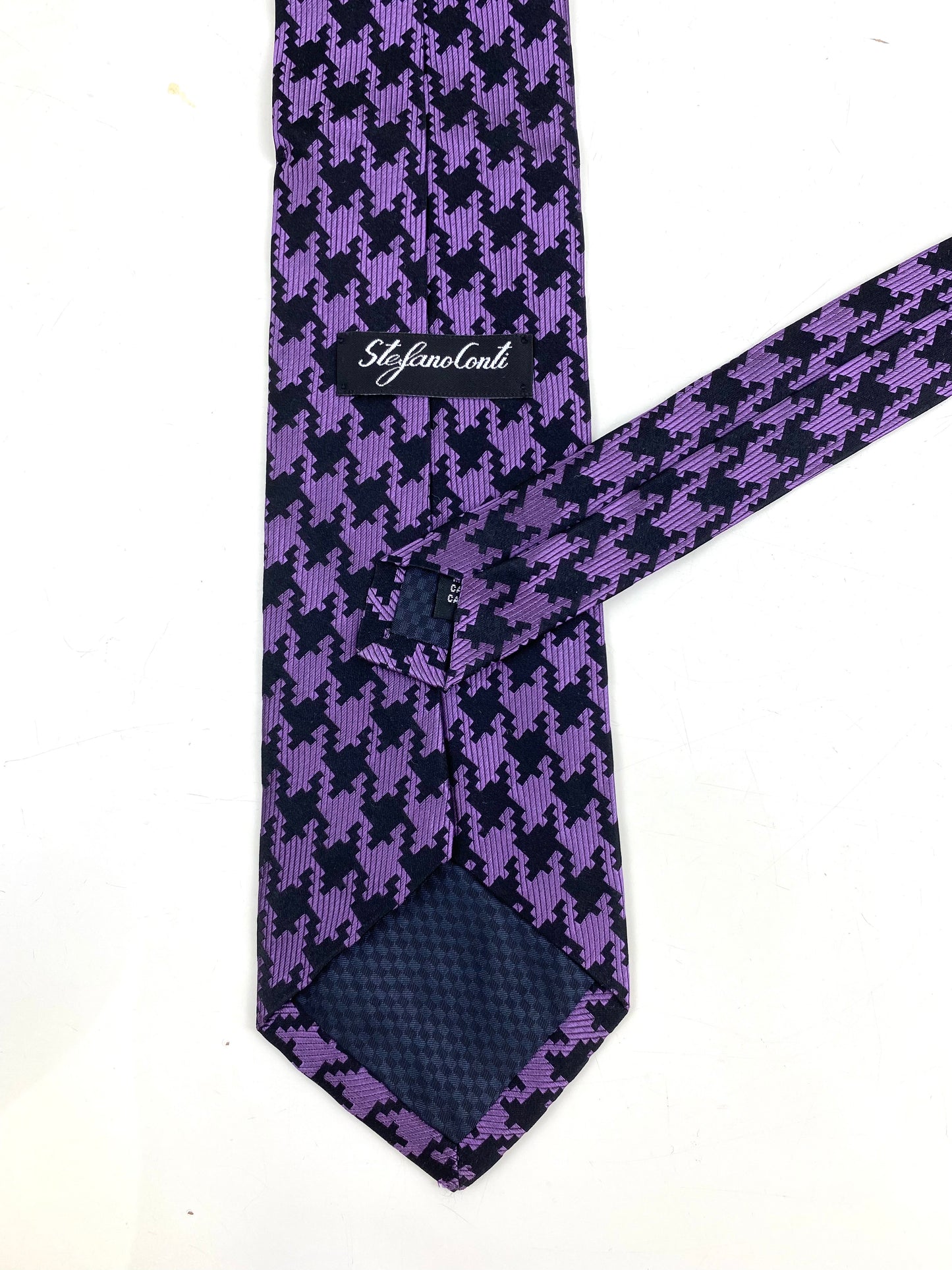 90s Deadstock Silk Necktie, Men's Vintage Purple/ Black Houndstooth Pattern Tie, NOS