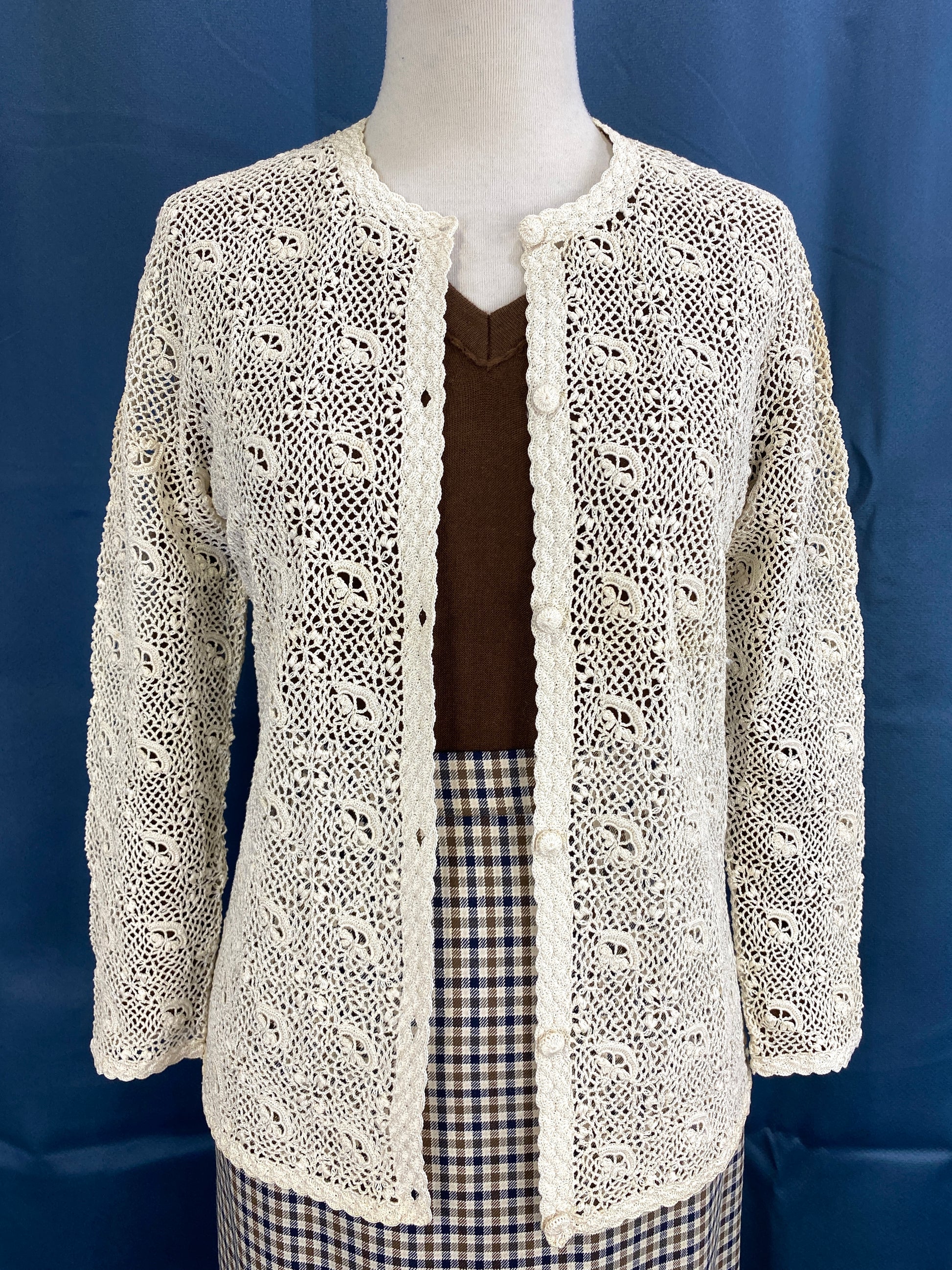 Vintage 1960s Cream Cotton Irish Crochet Cardigan, XXS