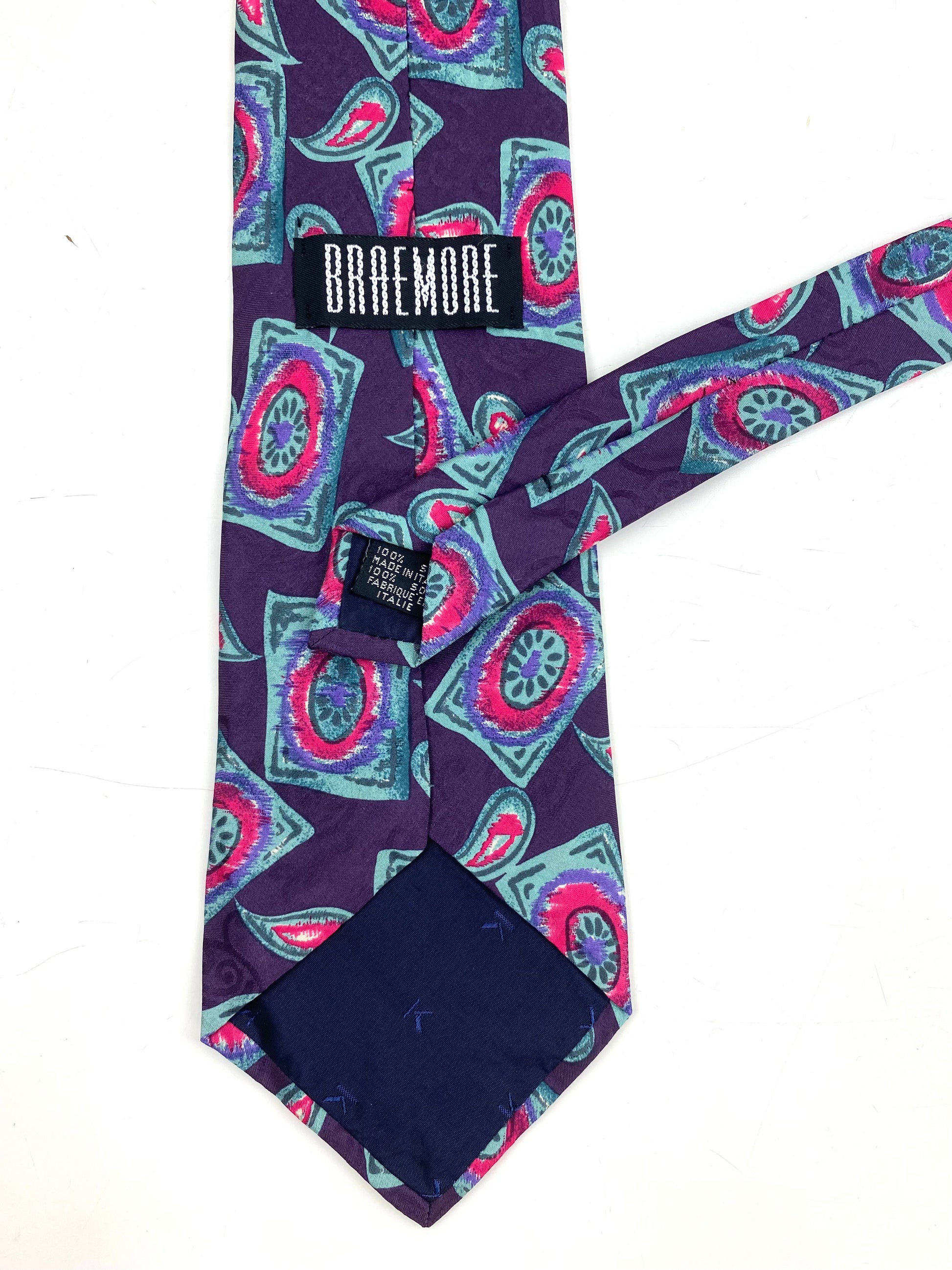 90s Deadstock Silk Necktie, Men's Vintage Purple/ Green/ Pink Geometric Boteh Pattern Tie, NOS