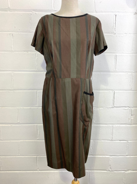 Vintage 60s Brown Cotton Stripe Day Dress, Large